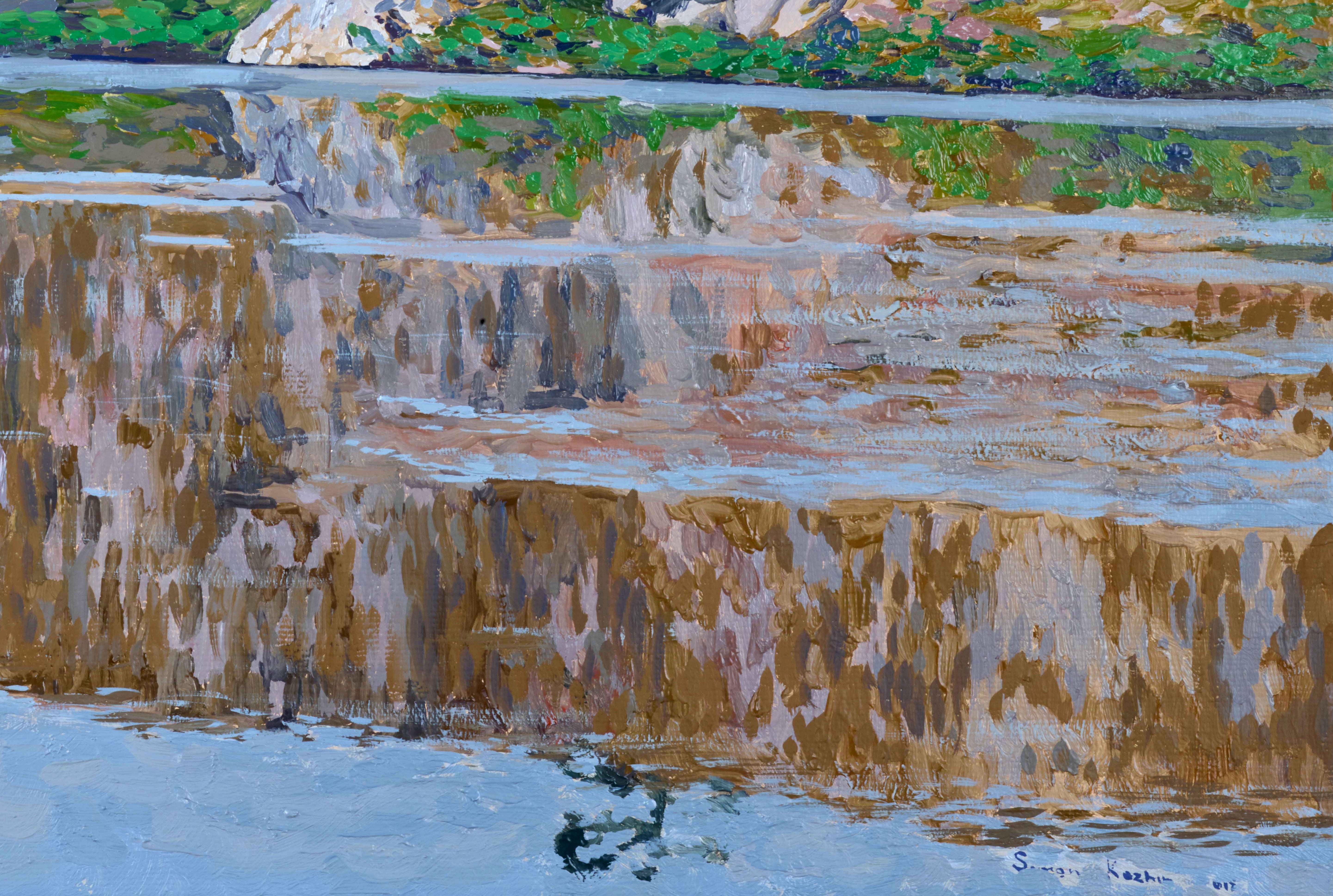 Bei der Gestaltung dieses ruhigen Flussuferbildes habe ich versucht, die majestätische Ruhe der Natur mit Leidenschaft und Sensibilität einzufangen. Mit Ölfarben habe ich die Techniken des Impressionismus und des Realismus angewandt, um die raue