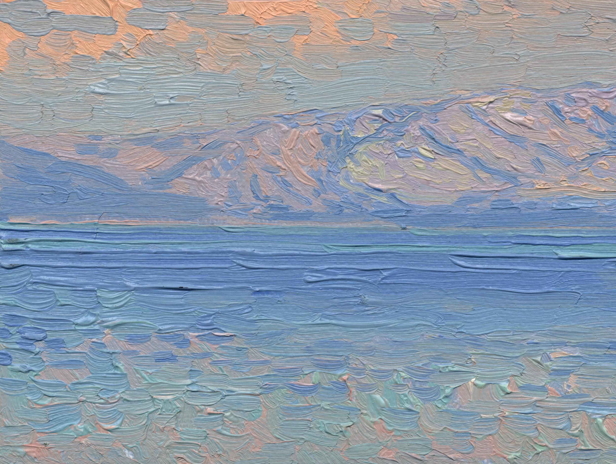 Las nubes sobre el mar no están en todas partes, y en la isla de Corfú son pintorescas y variadas. Al atardecer, las nubes se tornan en delicadísimos tonos rosados y sumergen al espectador en sueños. Al crear esta obra de arte, intenté captar la