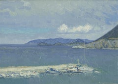 Cloudy. Yachts in the Bali port, Impressionist painting, 2017, Oil on canvas