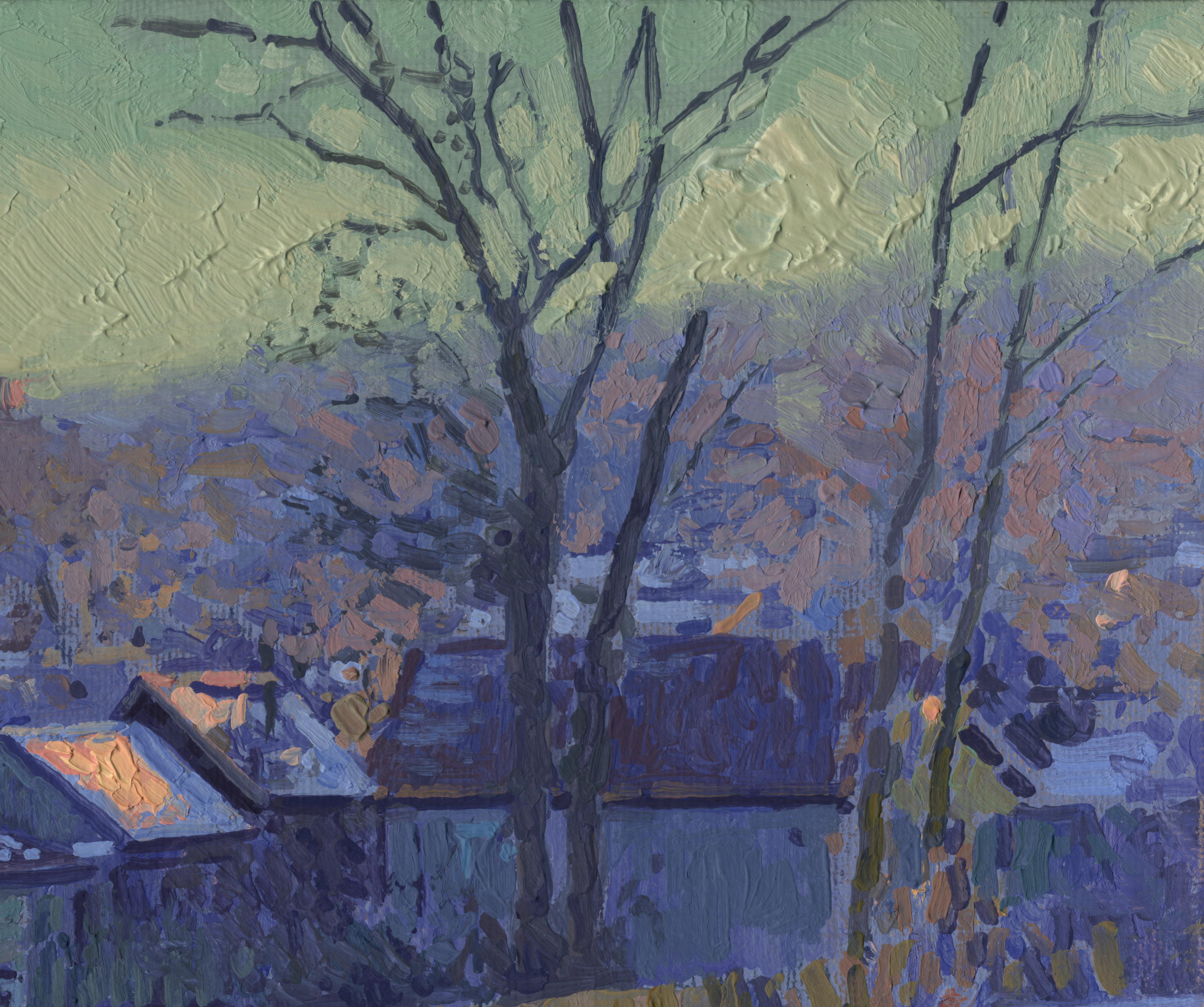 Crossroads. Chamzinka, Winter landscape plein-air Oil Painting by Simon Kozhin For Sale 2