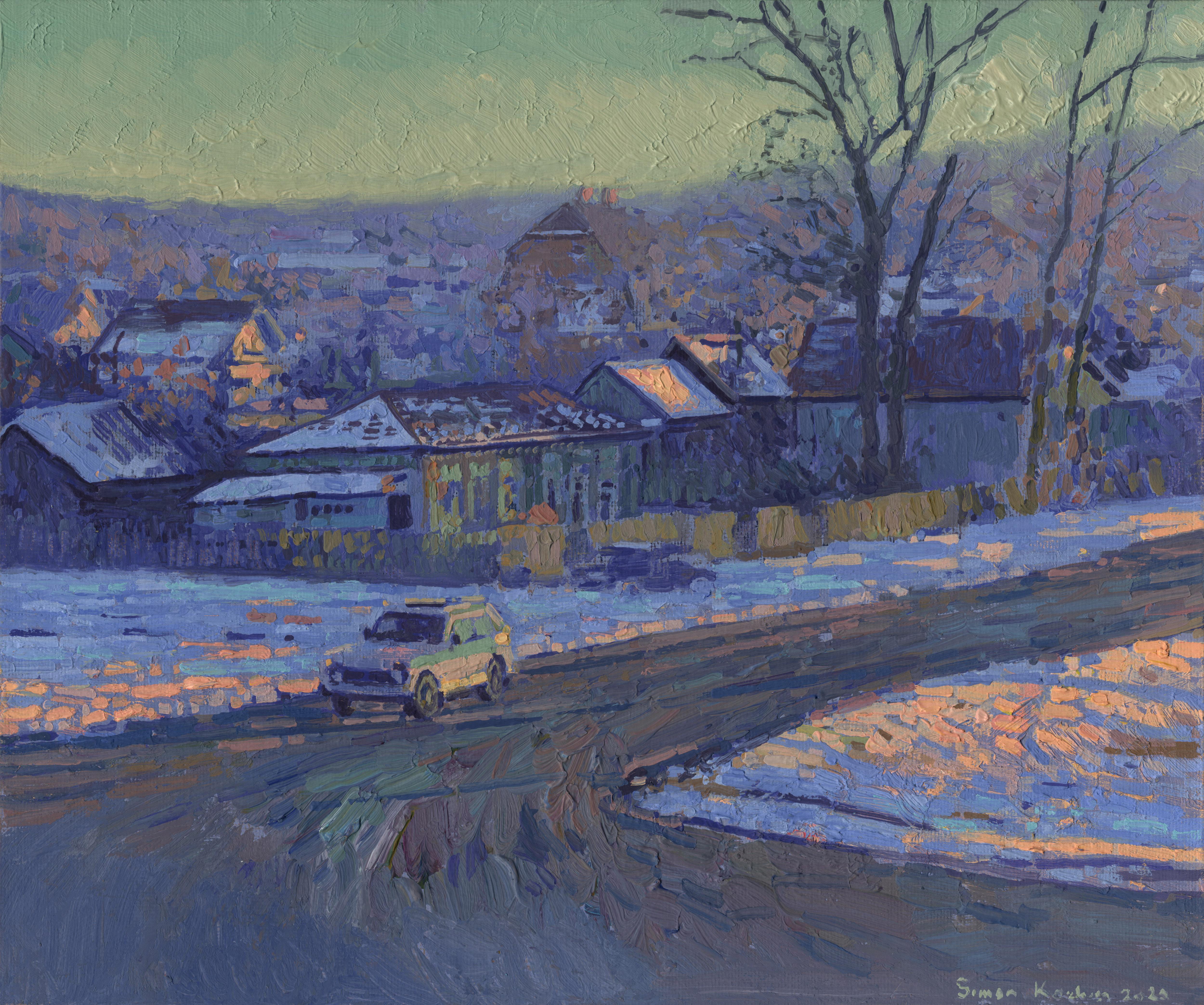 Crossroads. Chamzinka, Winter landscape plein-air Oil Painting by Simon Kozhin