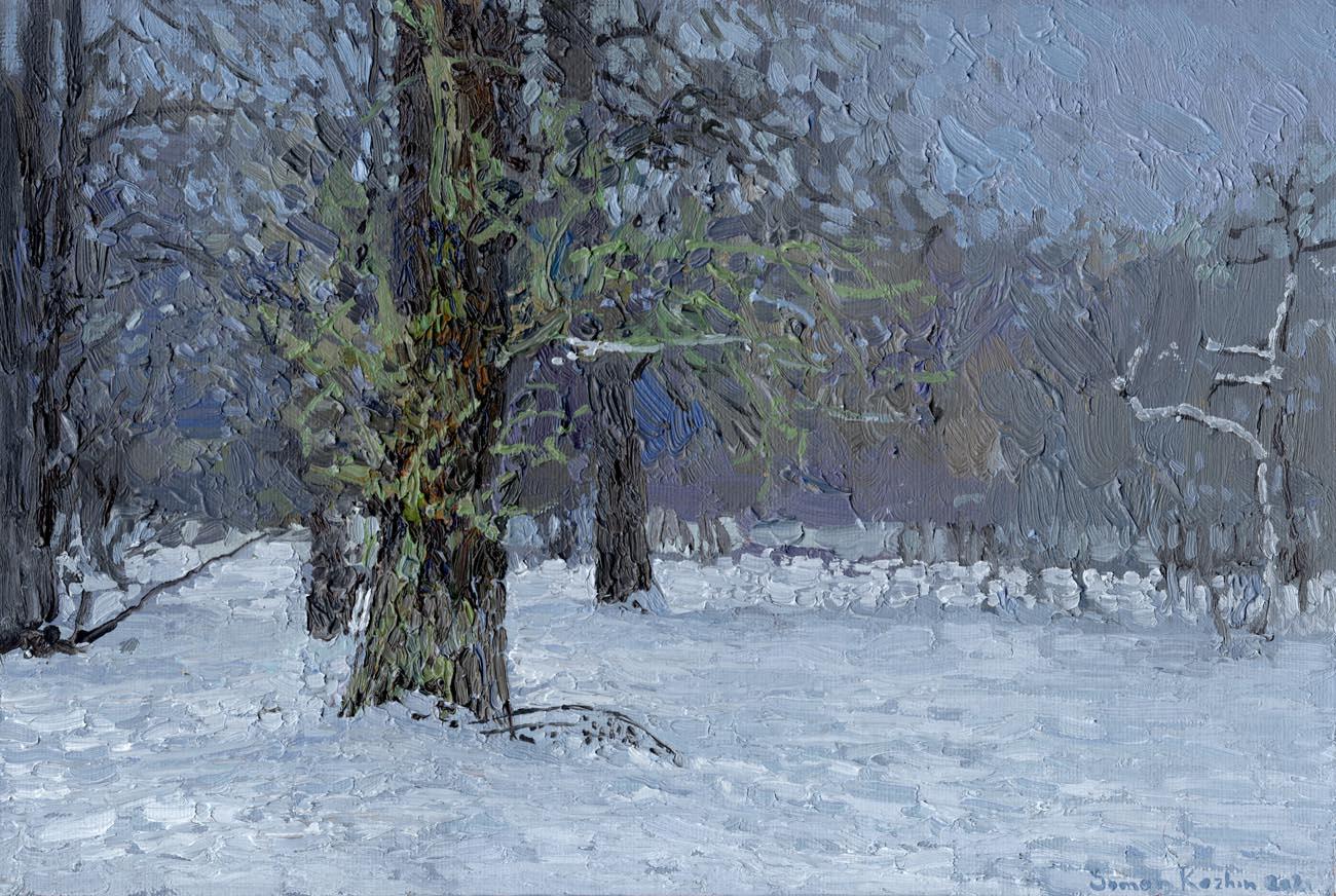 Décembre. Vieux peuplier en Tsaritsyno. Paysage à l'huile impressionniste d'hiver avec arbre