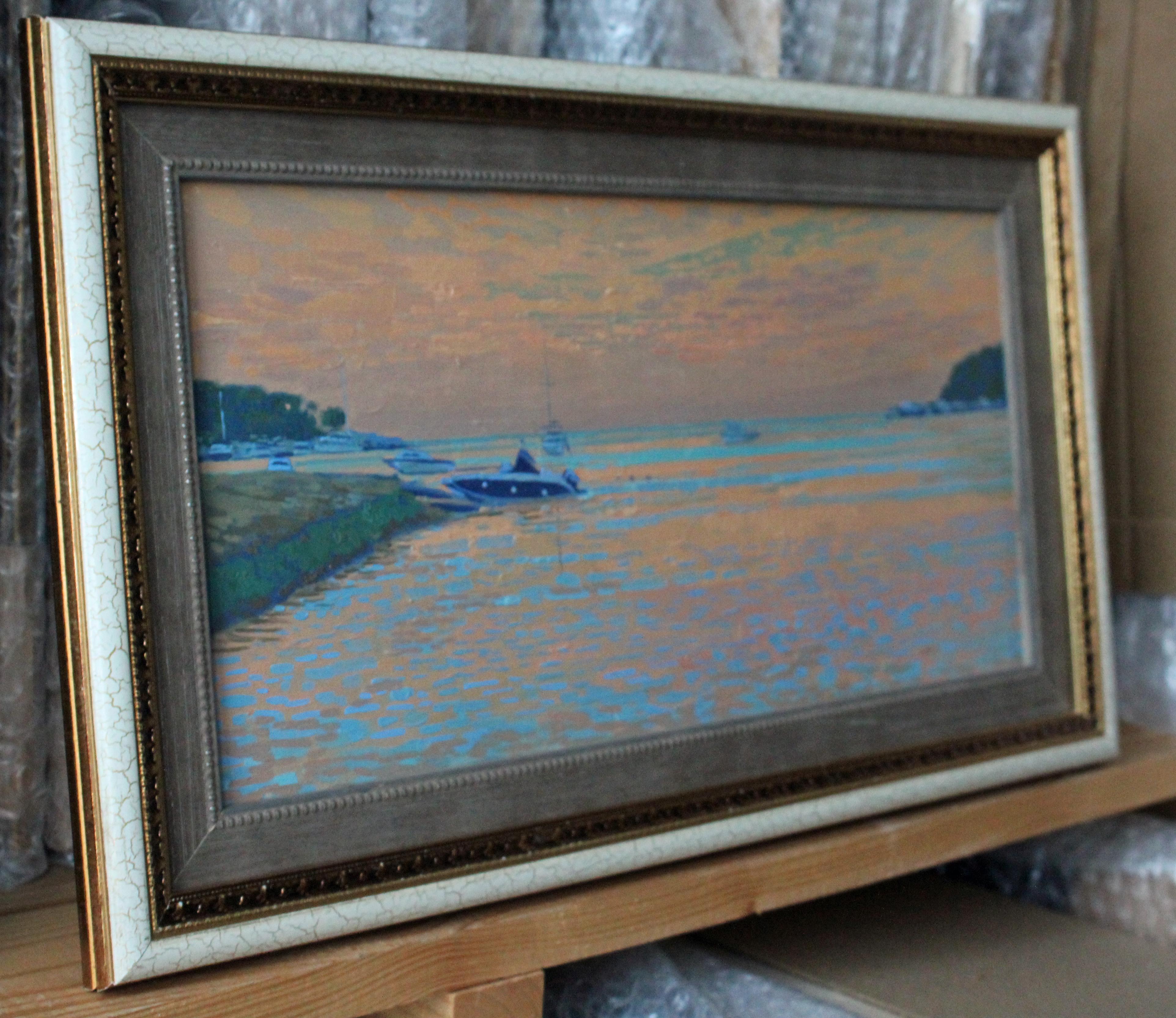 Evening in the Green lagoon Framed Original Oil painting Plein Air Impressionist For Sale 4