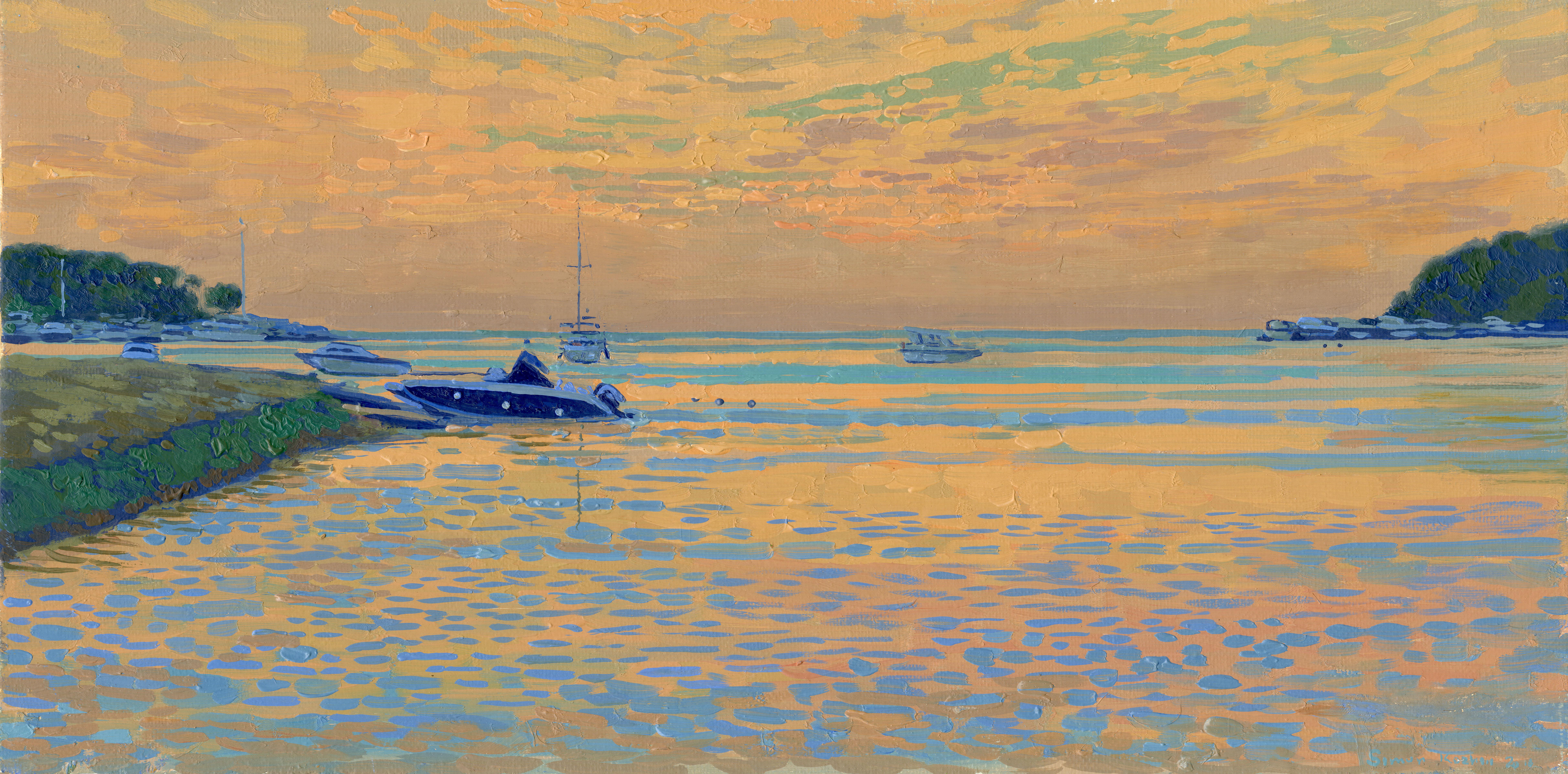 Landscape Painting de Simon Kozhin - Atardecer en la laguna Verde Cuadro al óleo original enmarcado Impresionista Plein Air