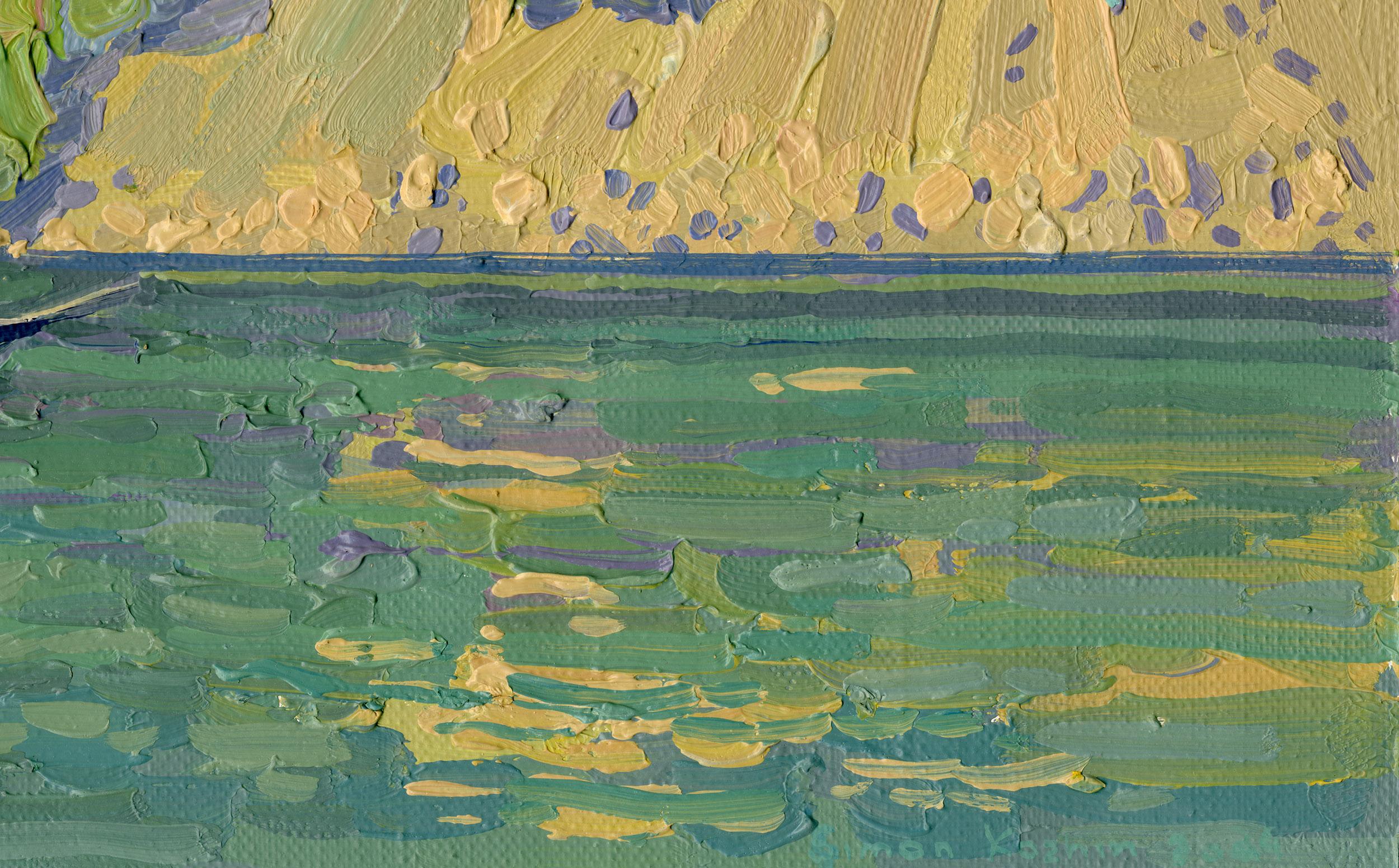 Der Künstler malte diese lebensgroße Skizze vom Balkon eines Hotels in Turunc (Türkei) aus, während er im Schatten saß, und stellte die ruhige, warme Küstenlandschaft präzise und lebendig dar. Das Gemälde zeigt eine Ansammlung von Segelbooten, die