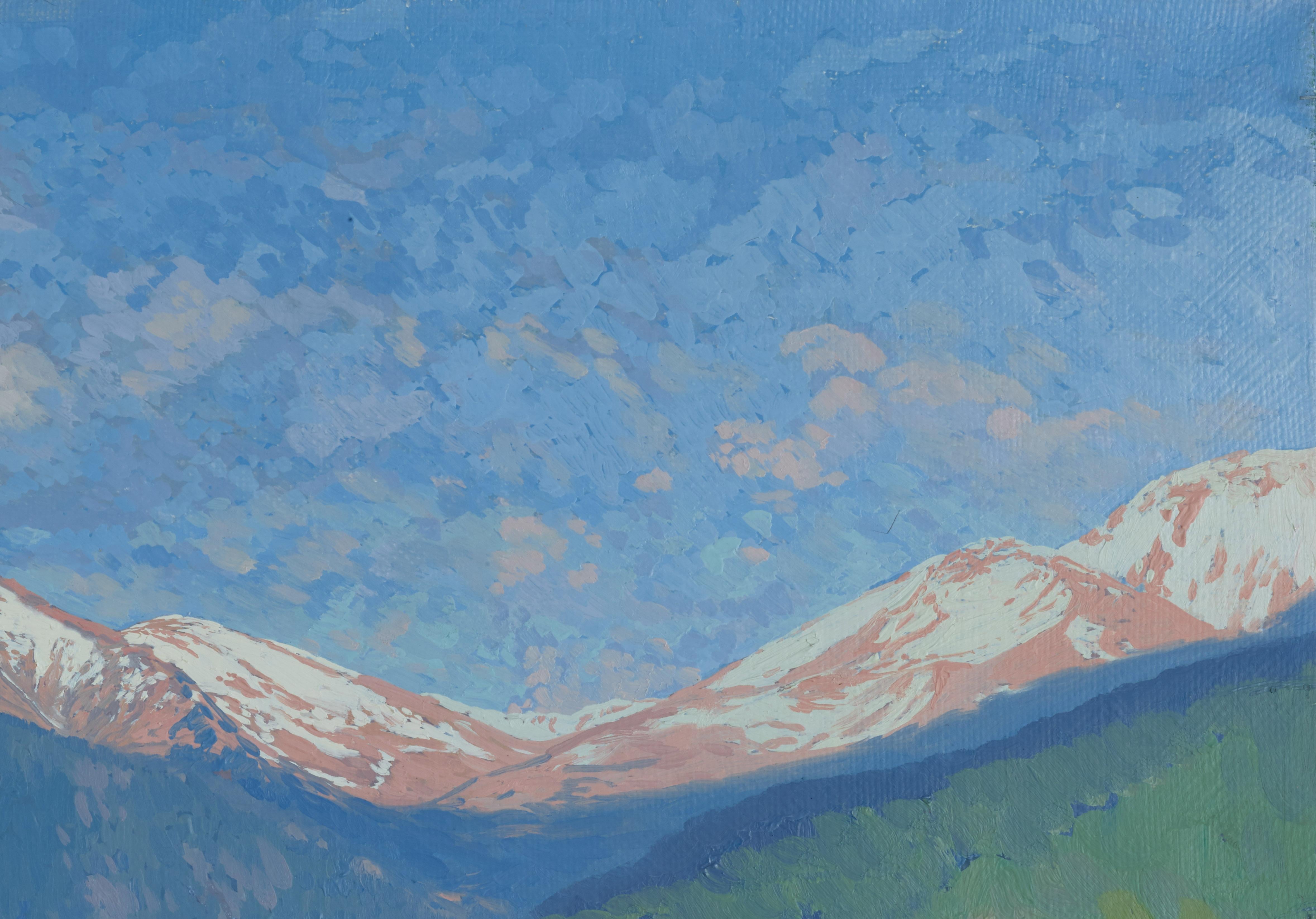 Evening. Teberda - Gray Landscape Painting by Simon Kozhin