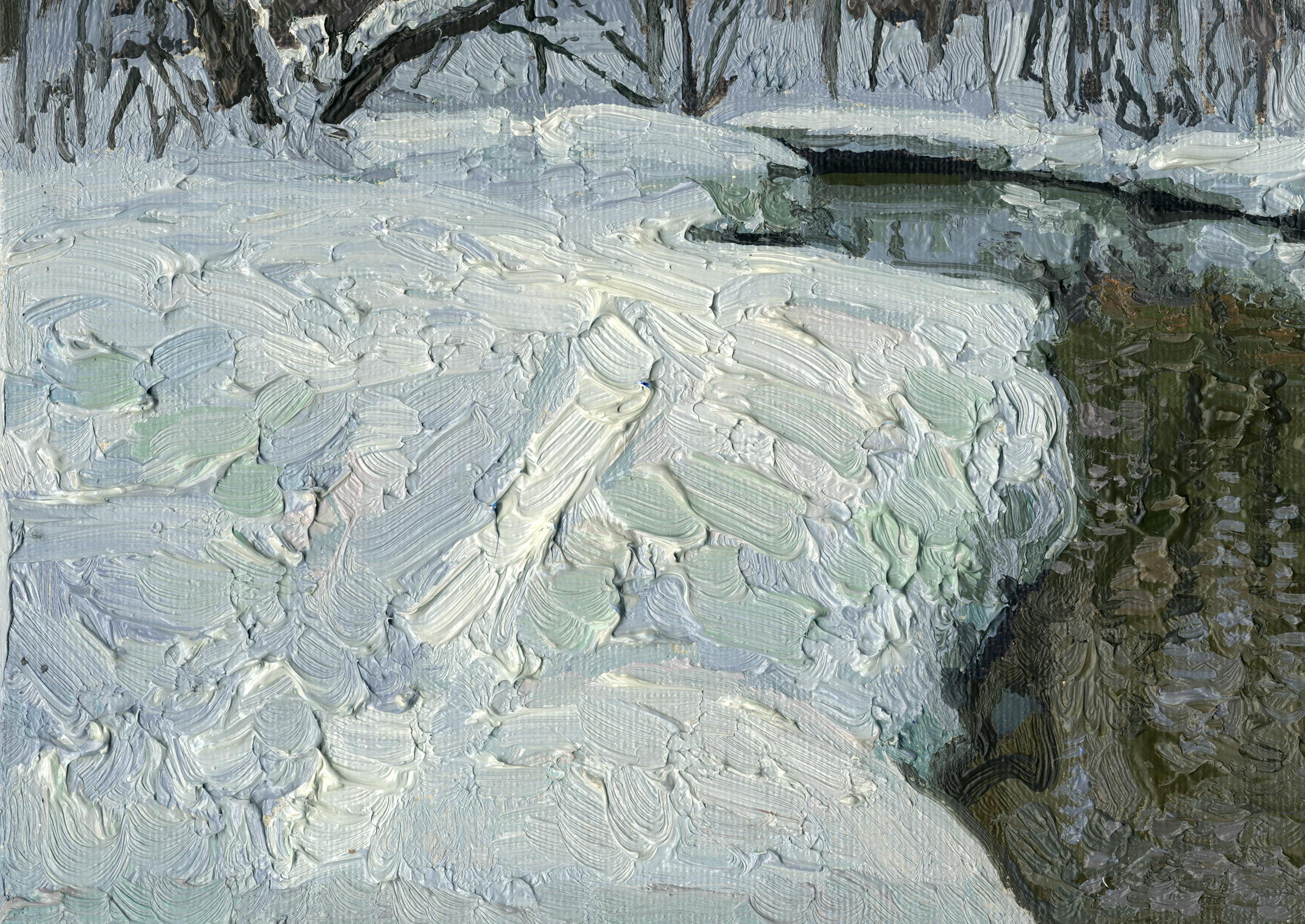 February in Kuzminki. The Churilikha River (Grau), Landscape Painting, von Simon Kozhin