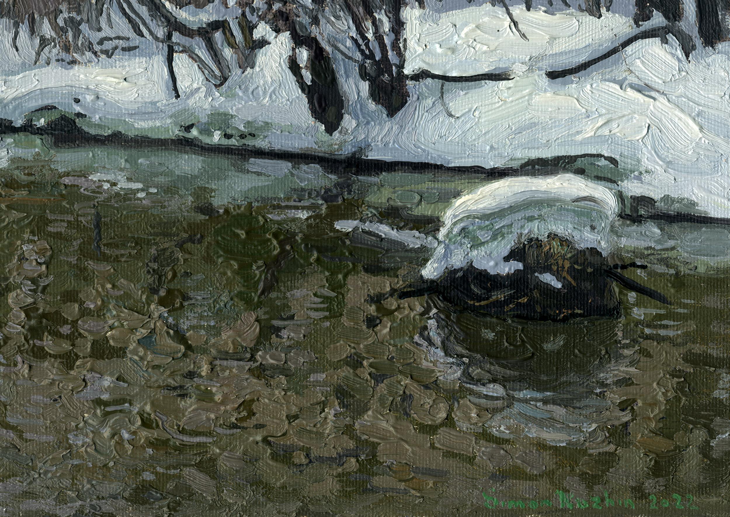 Diese Luftbildskizze wurde von der Künstlerin im winterlichen Kuzminki-Park in der Nähe des Flusses Churilikha gemalt und spiegelt die stille Schönheit der Winterlandschaft wider. Die Szene wird von einem sanft mäandernden Fluss beherrscht, dessen