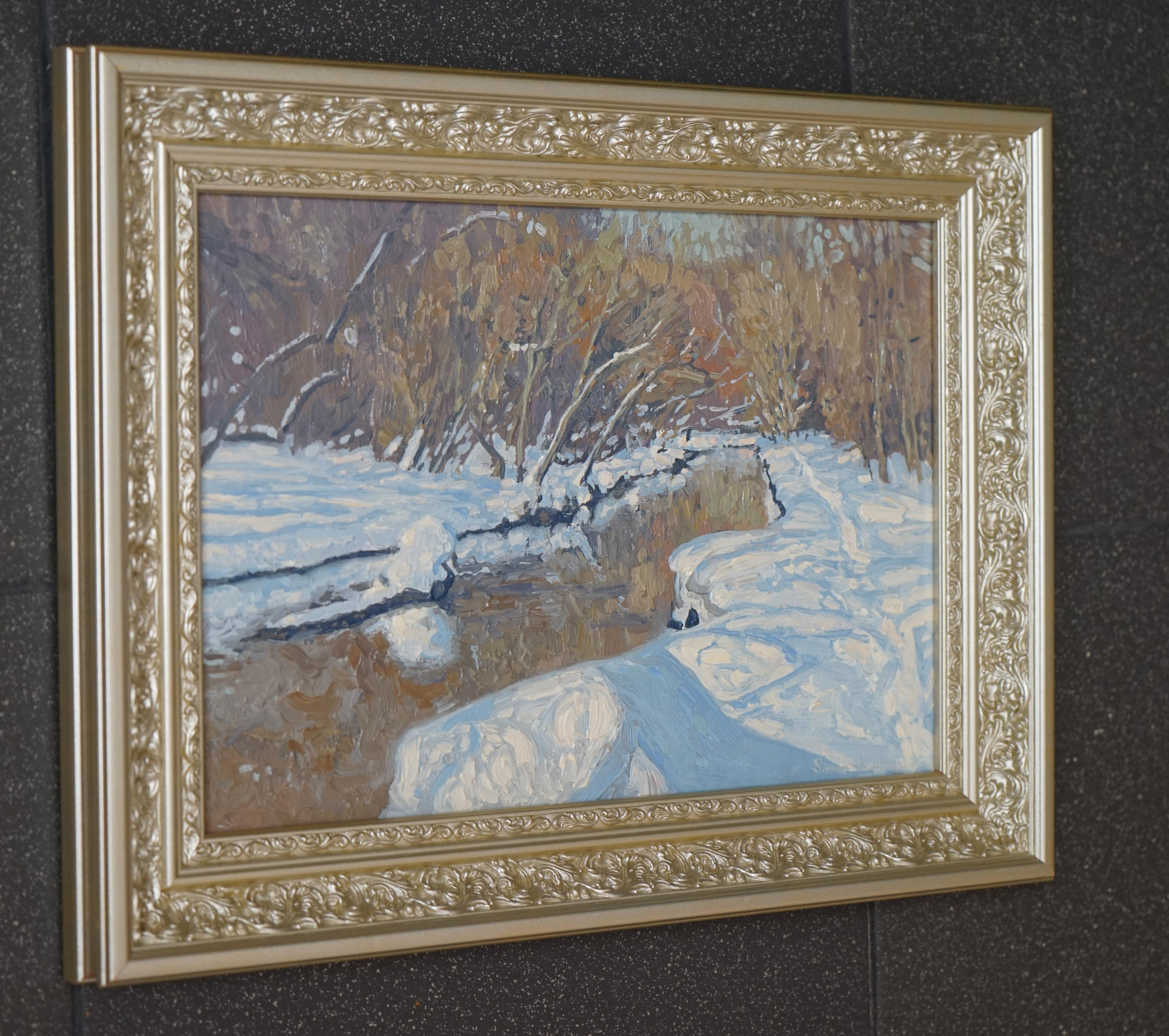 Sole di febbraio. Fiume Churilikha, paesaggio invernale di Simon Kozhin in vendita 13