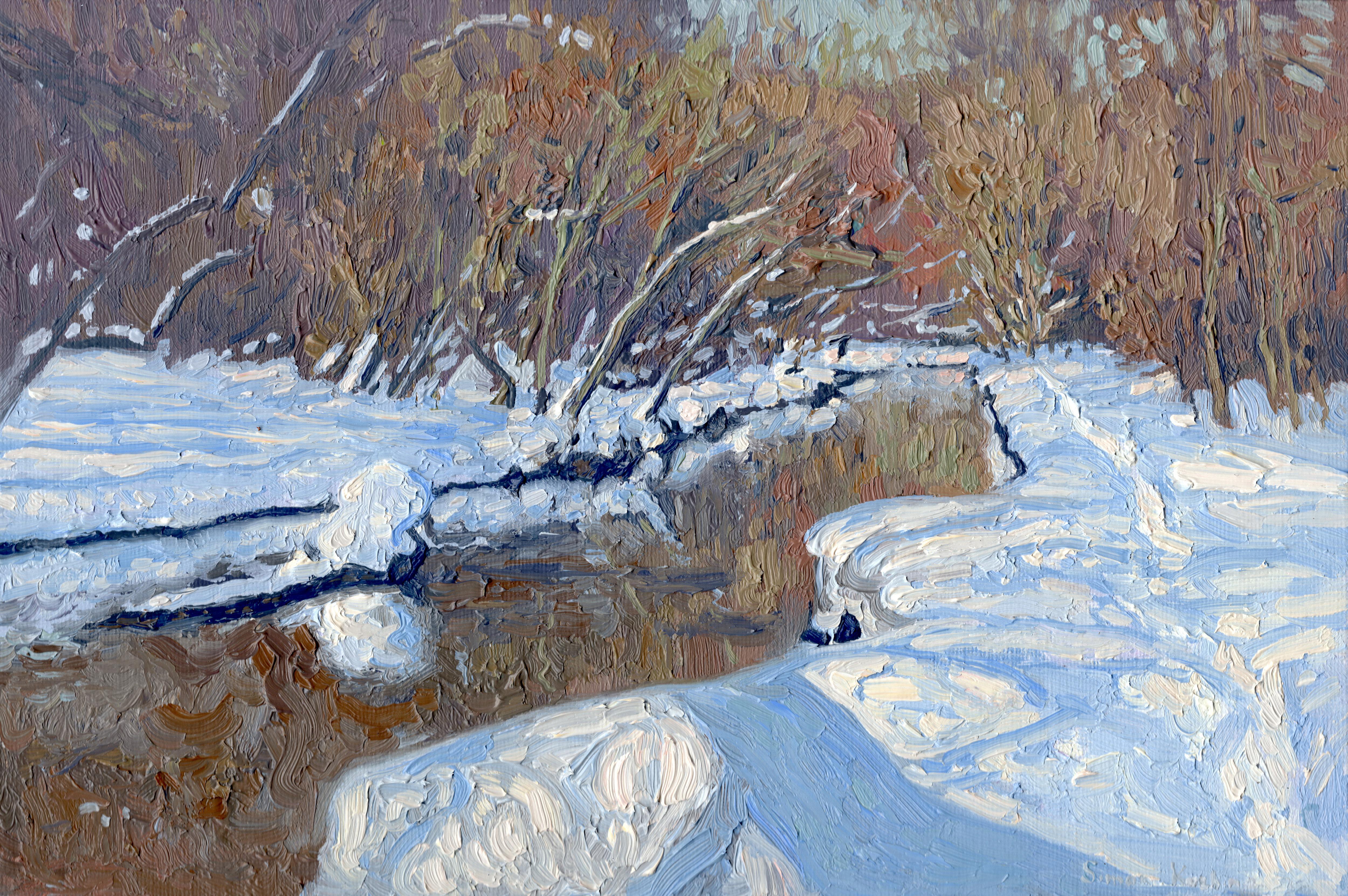 Sole di febbraio. Fiume Churilikha, paesaggio invernale di Simon Kozhin in vendita 1