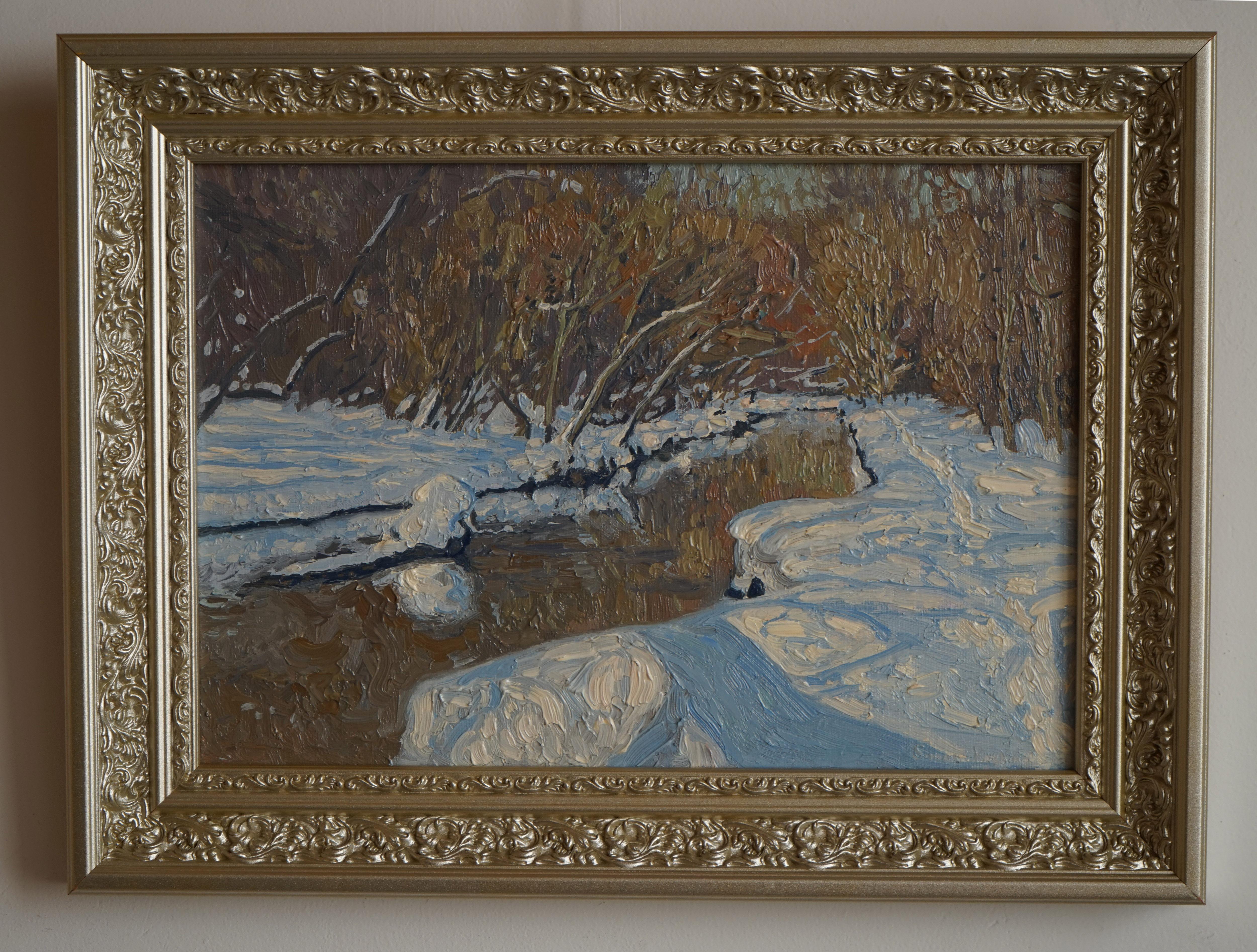 Sole di febbraio. Fiume Churilikha, paesaggio invernale di Simon Kozhin in vendita 8