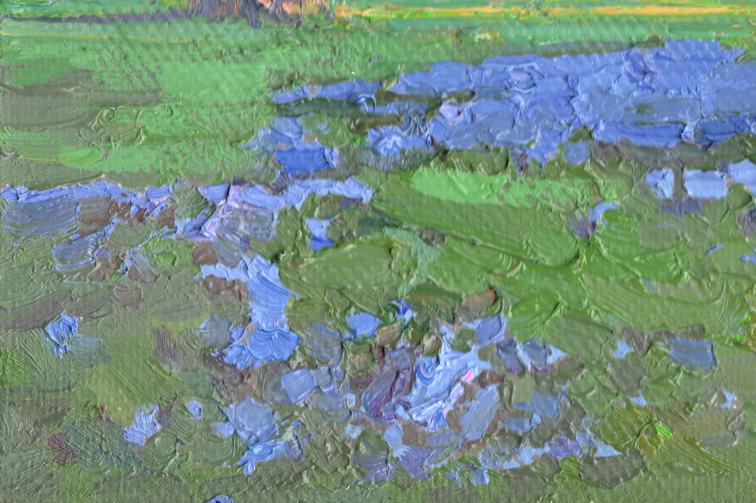 Erste blaue Blumen (Grau), Landscape Painting, von Simon Kozhin