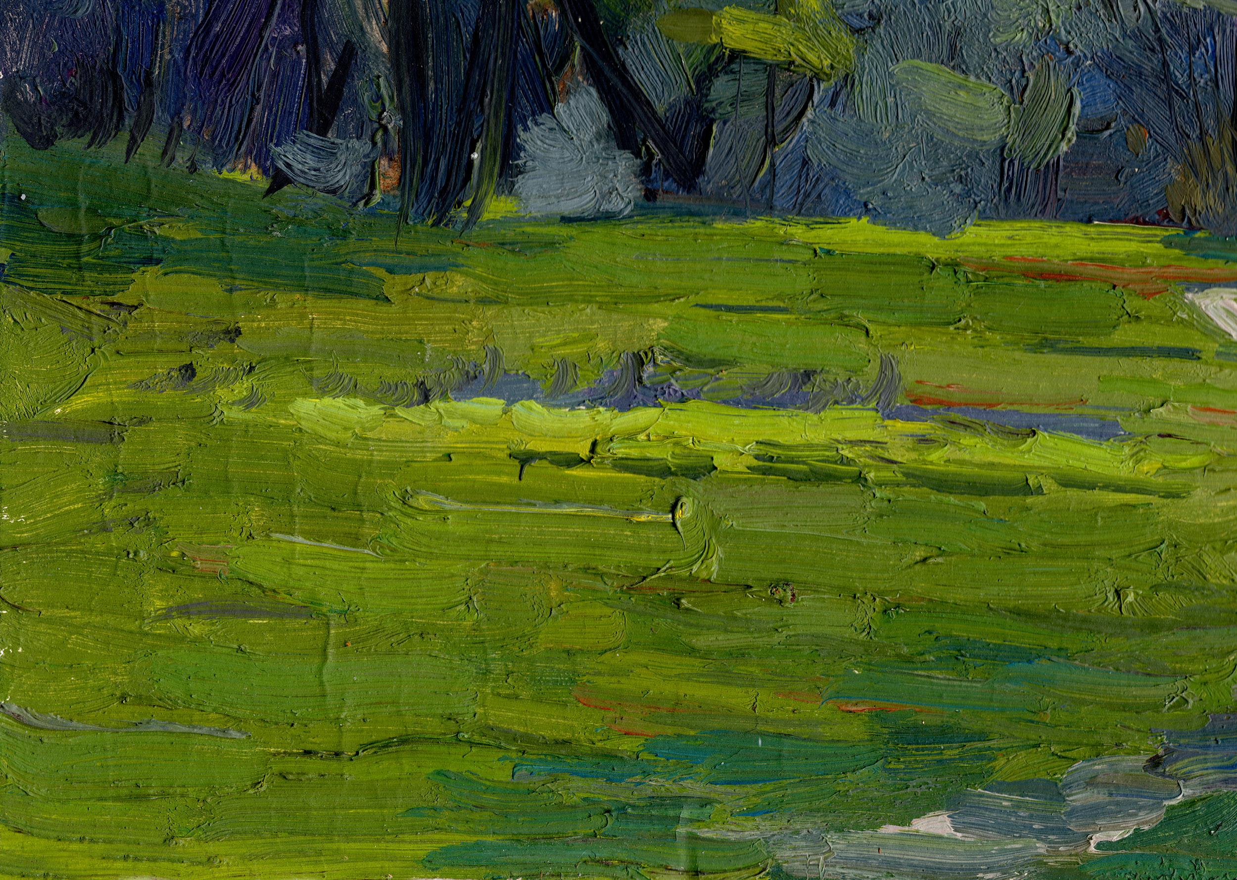 Erstes Grün (Grau), Landscape Painting, von Simon Kozhin