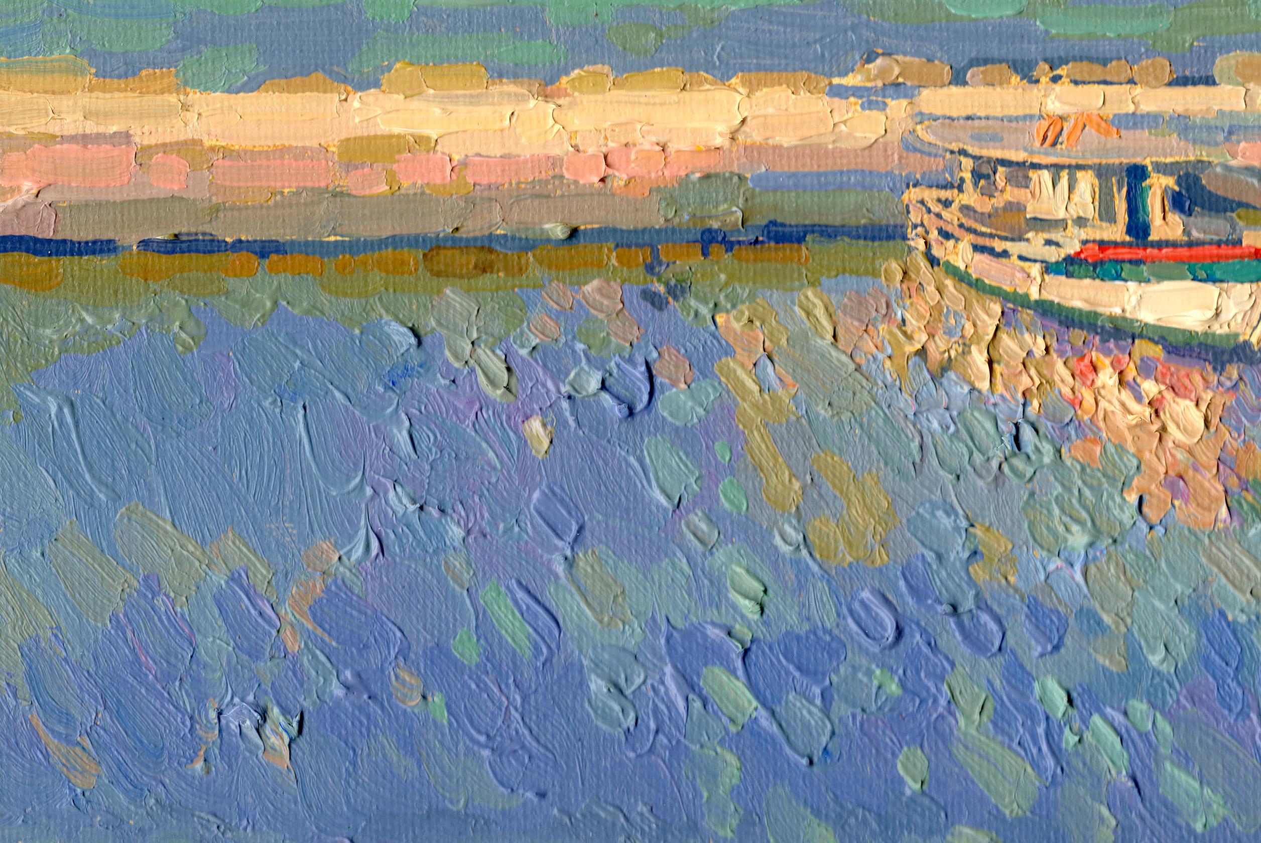 Barcos de pesca al atardecer. Bali. Creta. Grecia - Landscape Painting Azul de Simon Kozhin