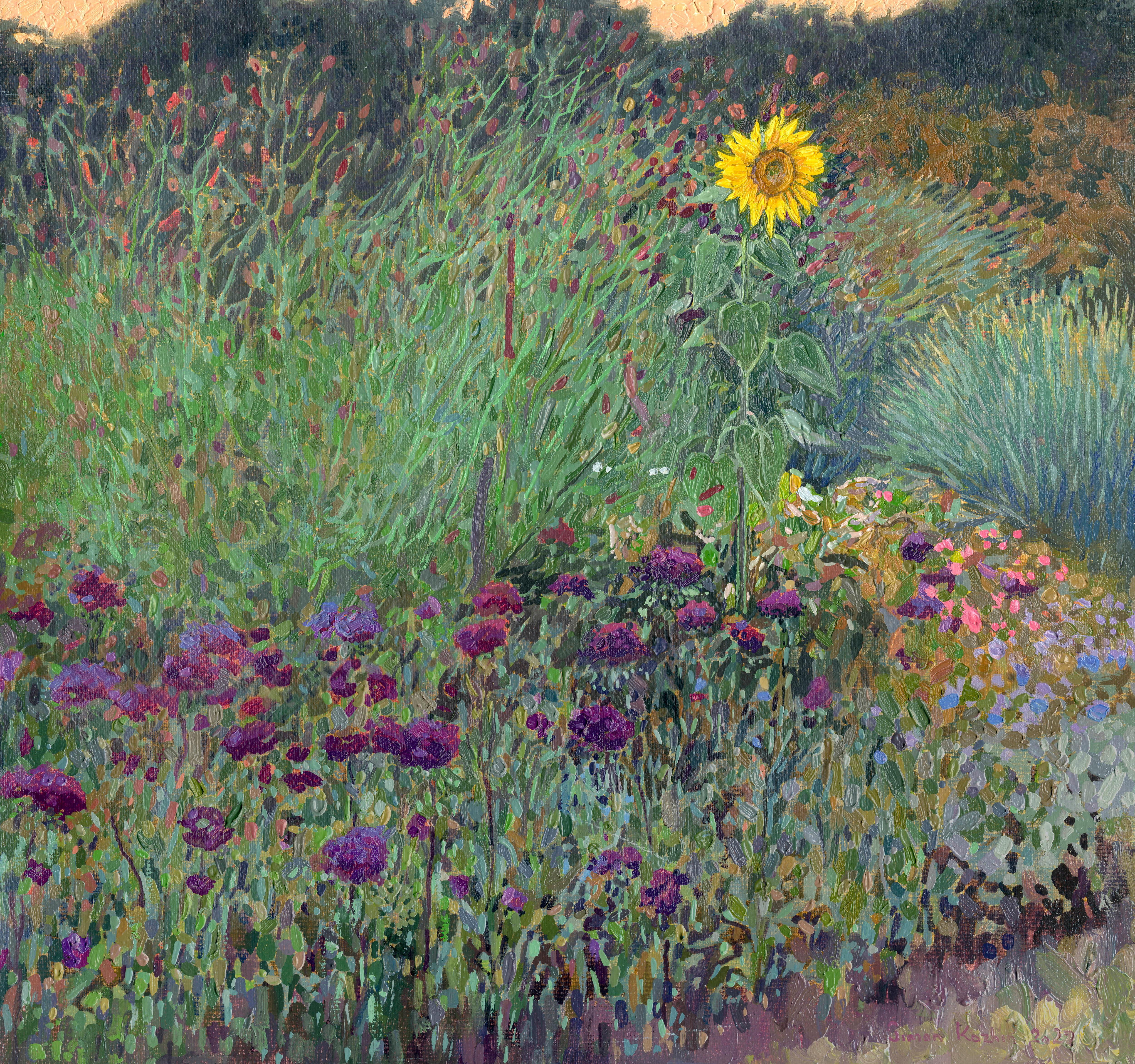 Flowers and Sunflower, Impressionist Oil Painting on Canvas, Framed