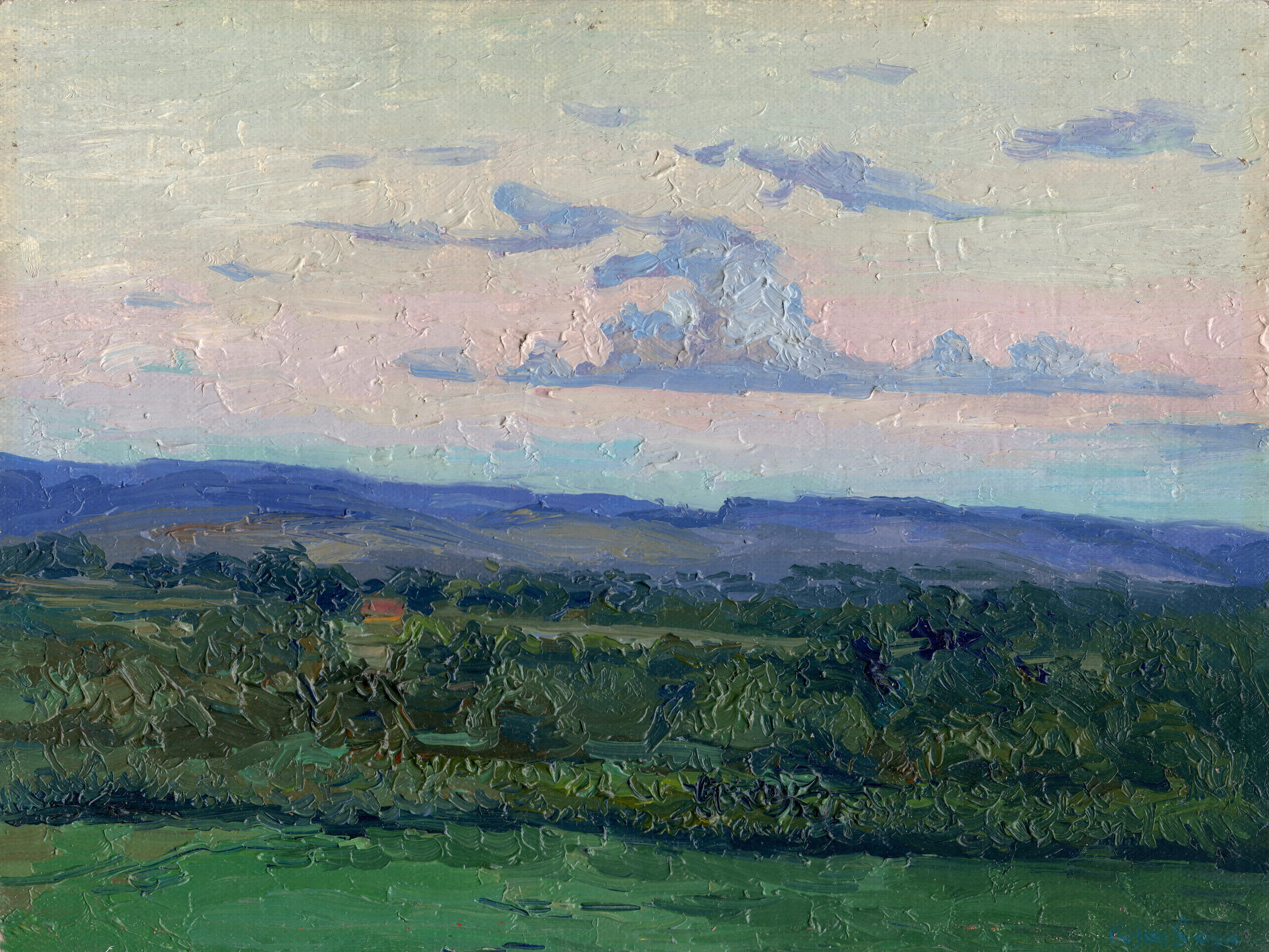 Framed Sunset Impressionist Landscape Painting, Oil on Cardboard