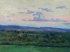 Tableau impressionniste représentant un coucher de soleil, encadré, huile sur carton