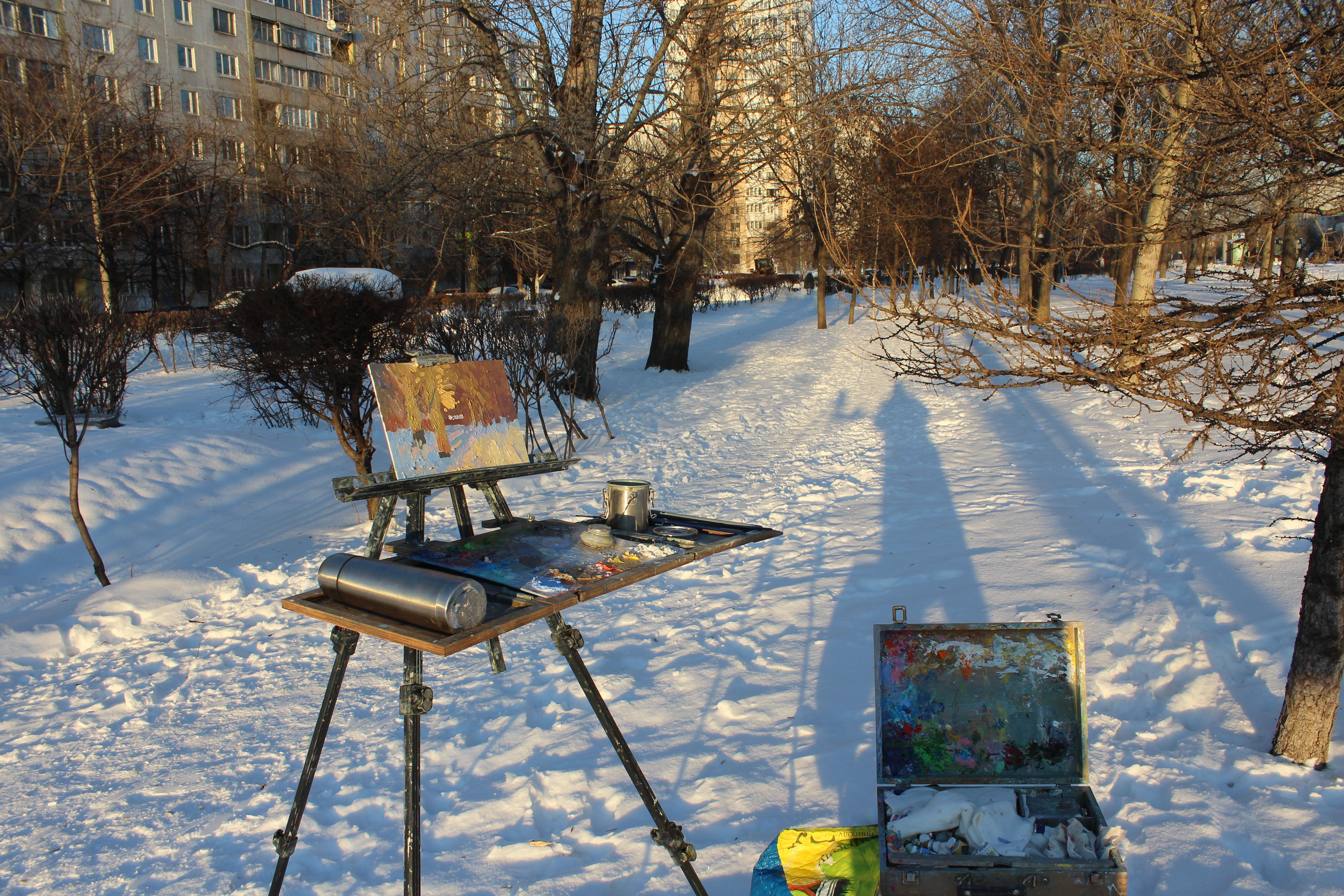 Frost and sun, Winter landscape oil painting, Plein air impressionist artwork For Sale 7