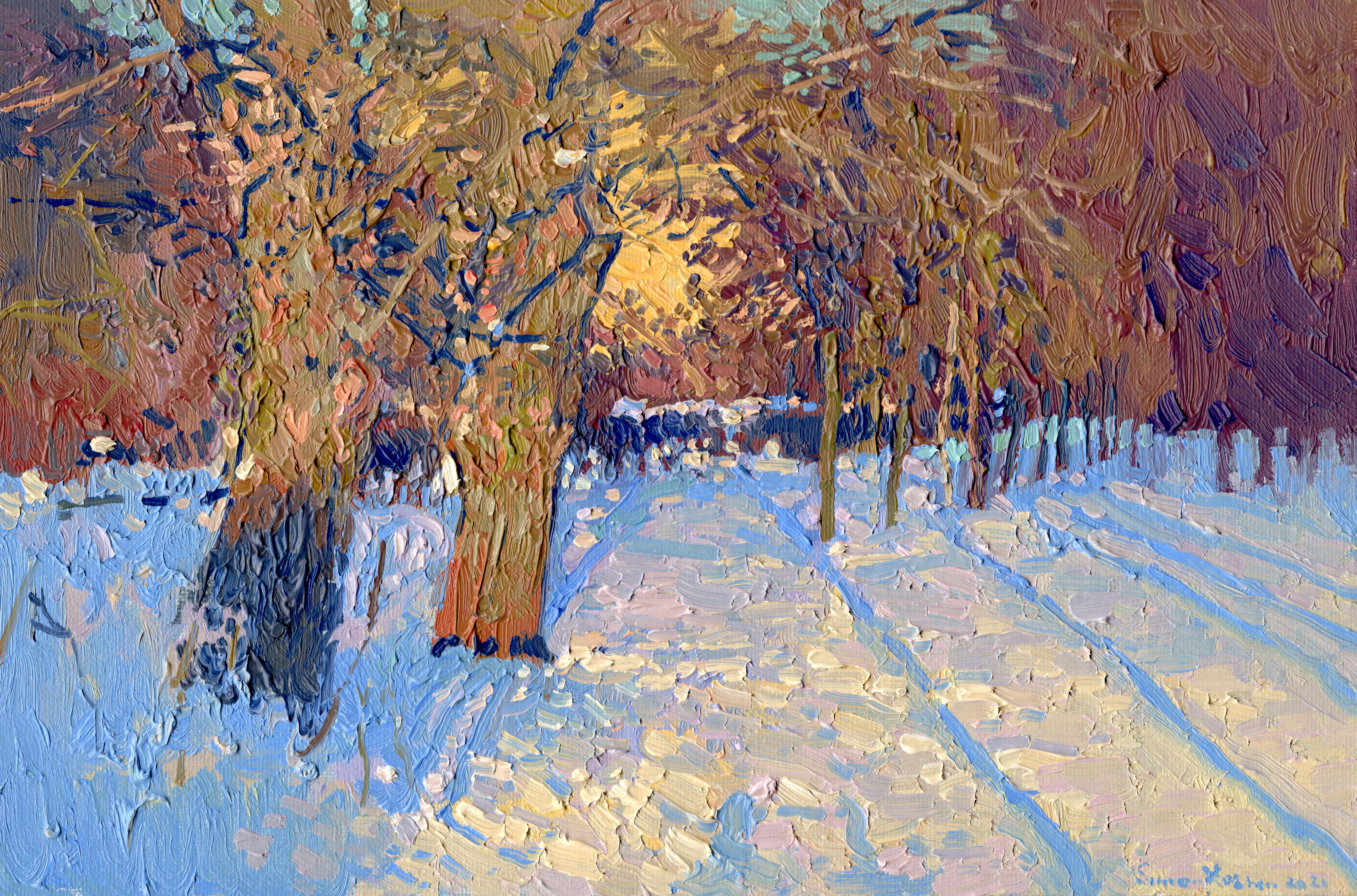 Simon Kozhin Landscape Painting - Frost and sun, Winter landscape oil painting, Plein air impressionist artwork