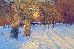 Frost und Sonne, Winterlandschaft, Ölgemälde, impressionistisches Pleinair-Kunstwerk