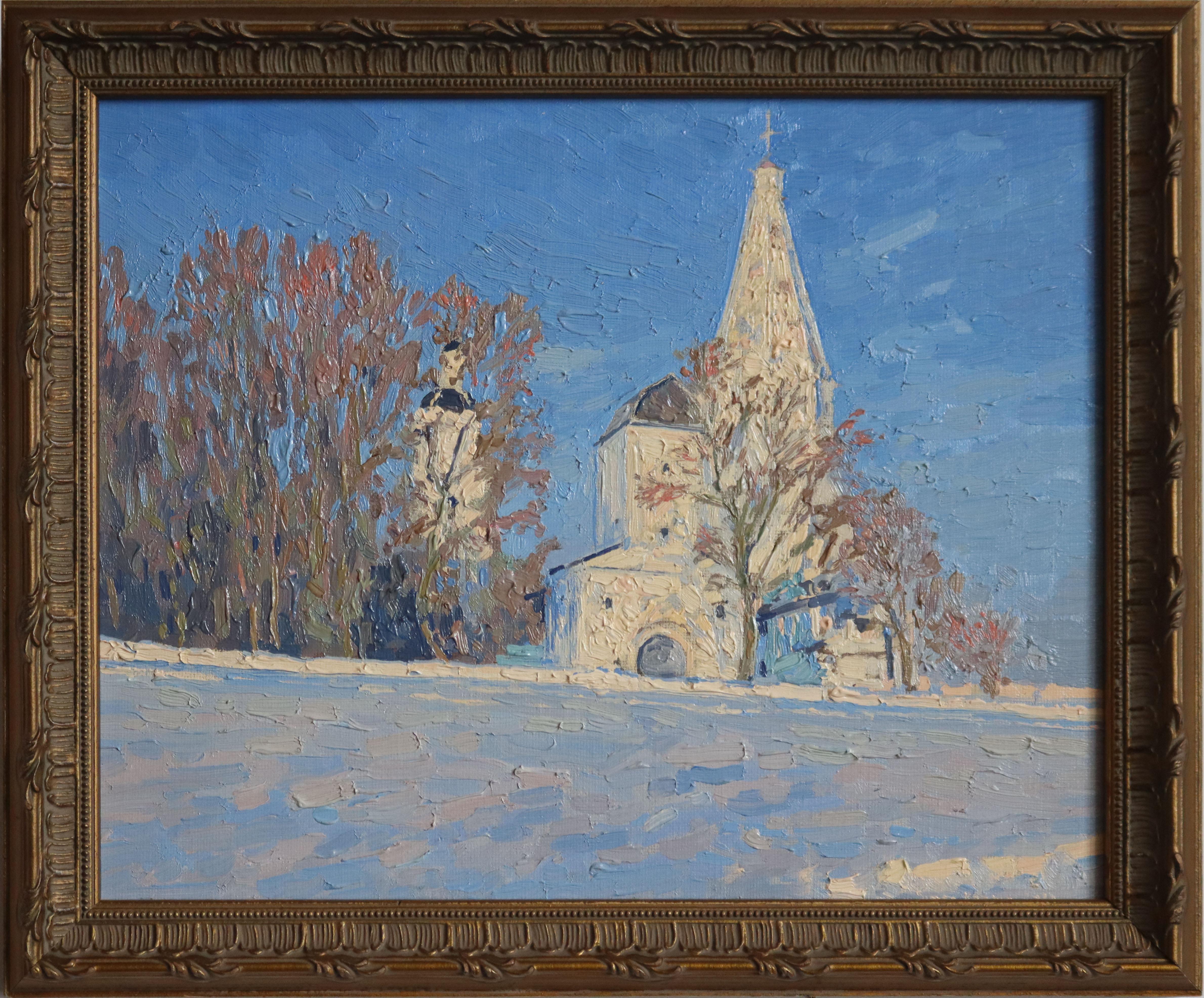 Frosty evening. View of the water tower and the Church of the Ascension - Painting by Simon Kozhin