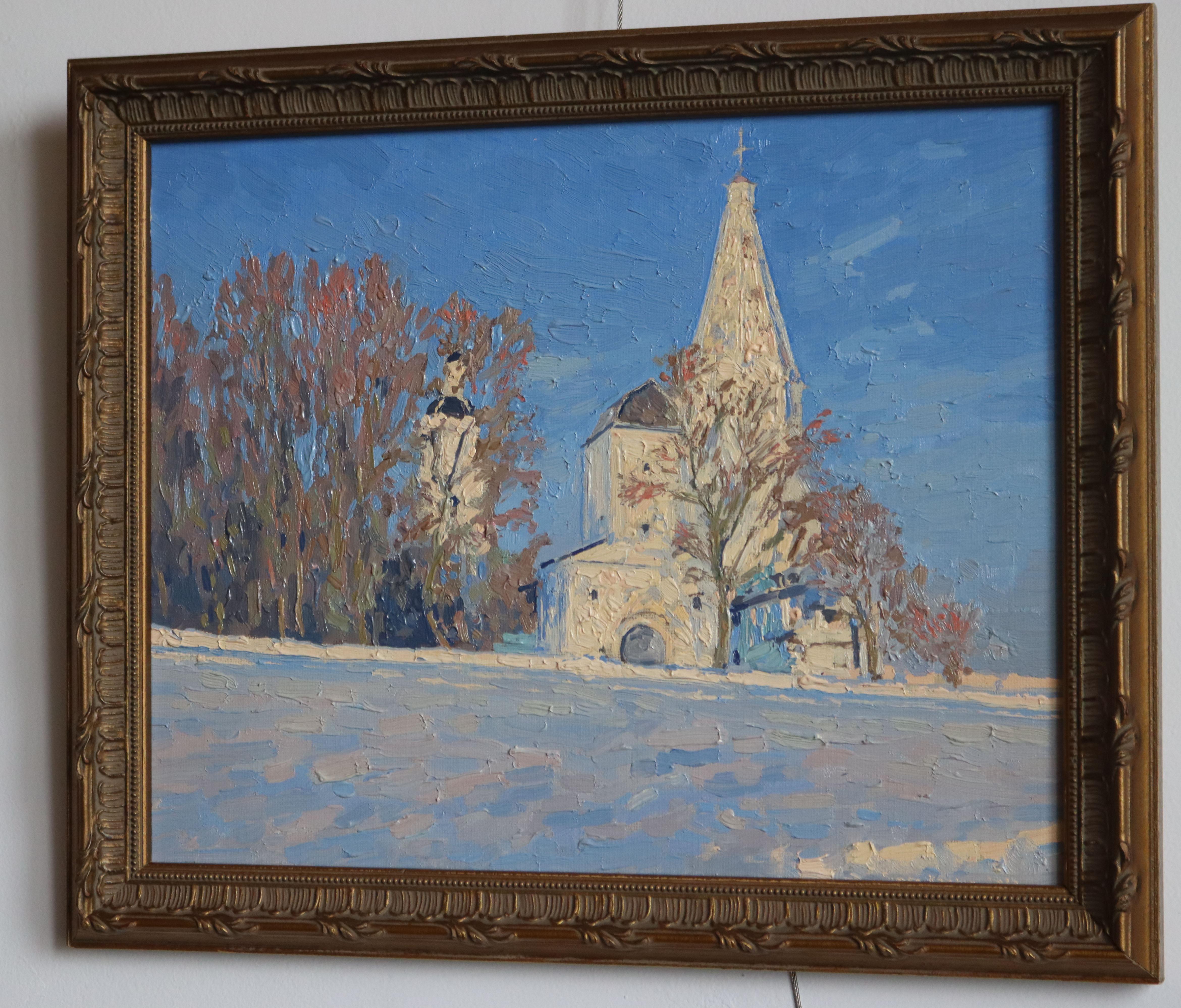 Frosty evening. View of the water tower and the Church of the Ascension - Impressionist Painting by Simon Kozhin