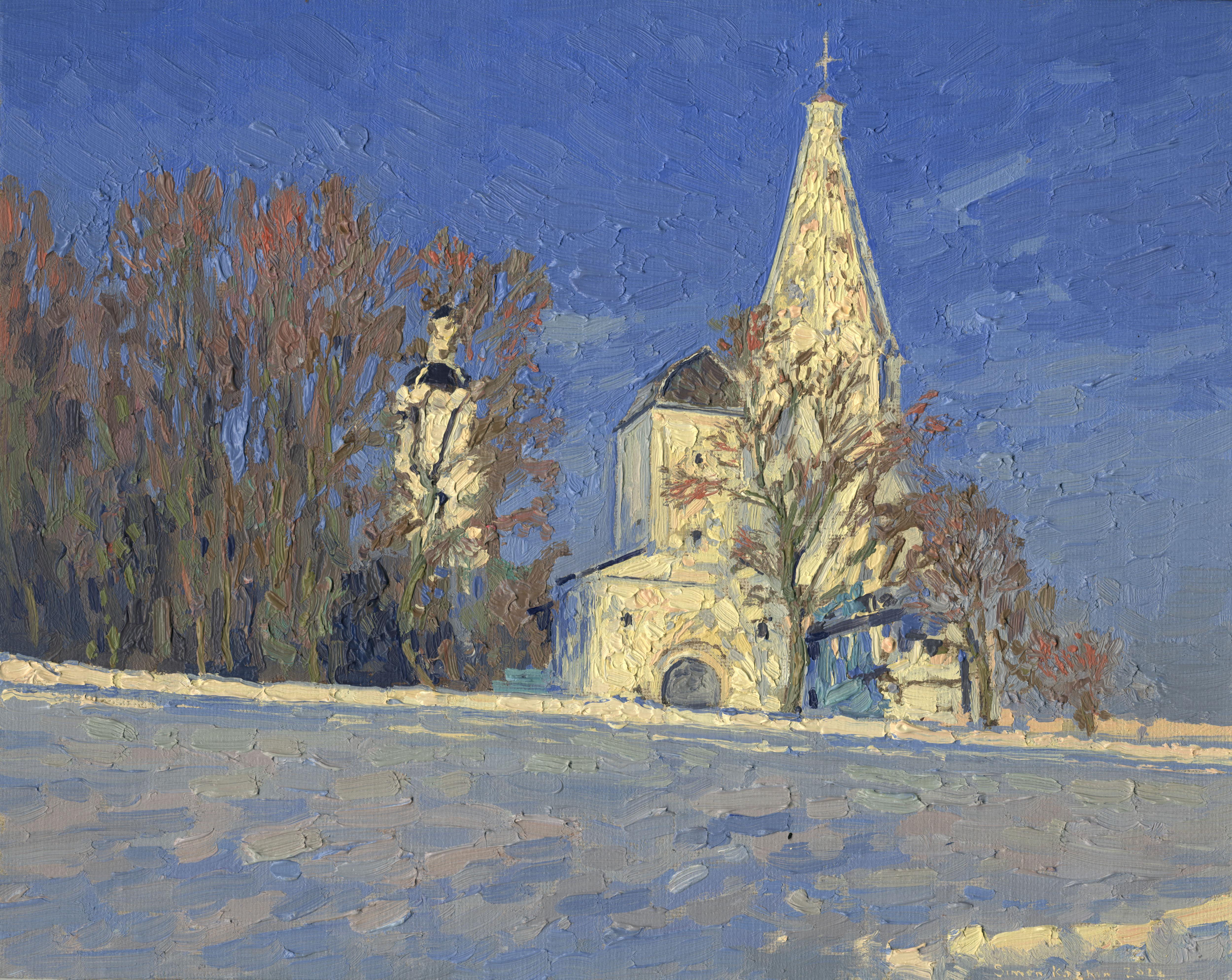 Simon Kozhin Landscape Painting - Frosty evening. View of the water tower and the Church of the Ascension