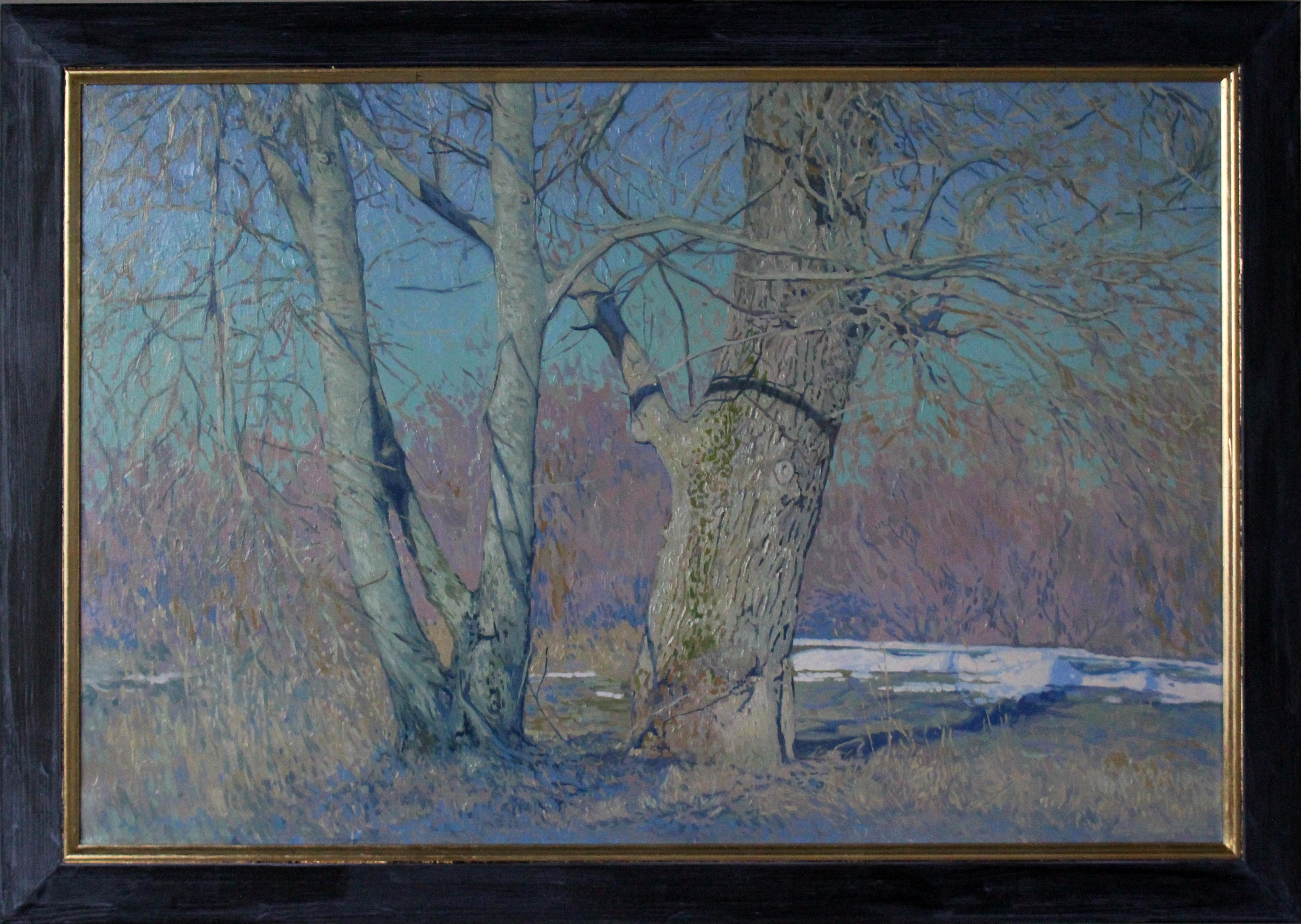 Gentle April, Impressionism, Classical Painting School, Landscape with Poplars For Sale 5