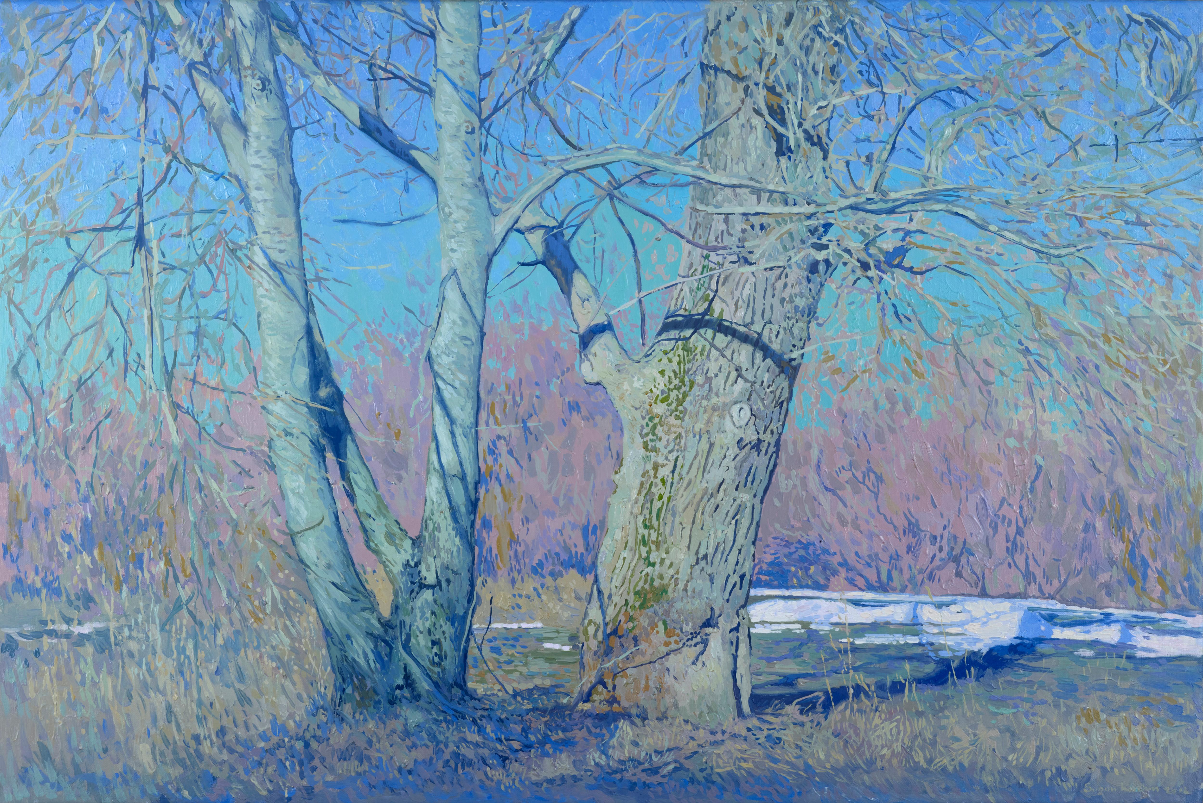 Simon Kozhin Landscape Painting - Gentle April, Impressionism, Classical Painting School, Landscape with Poplars