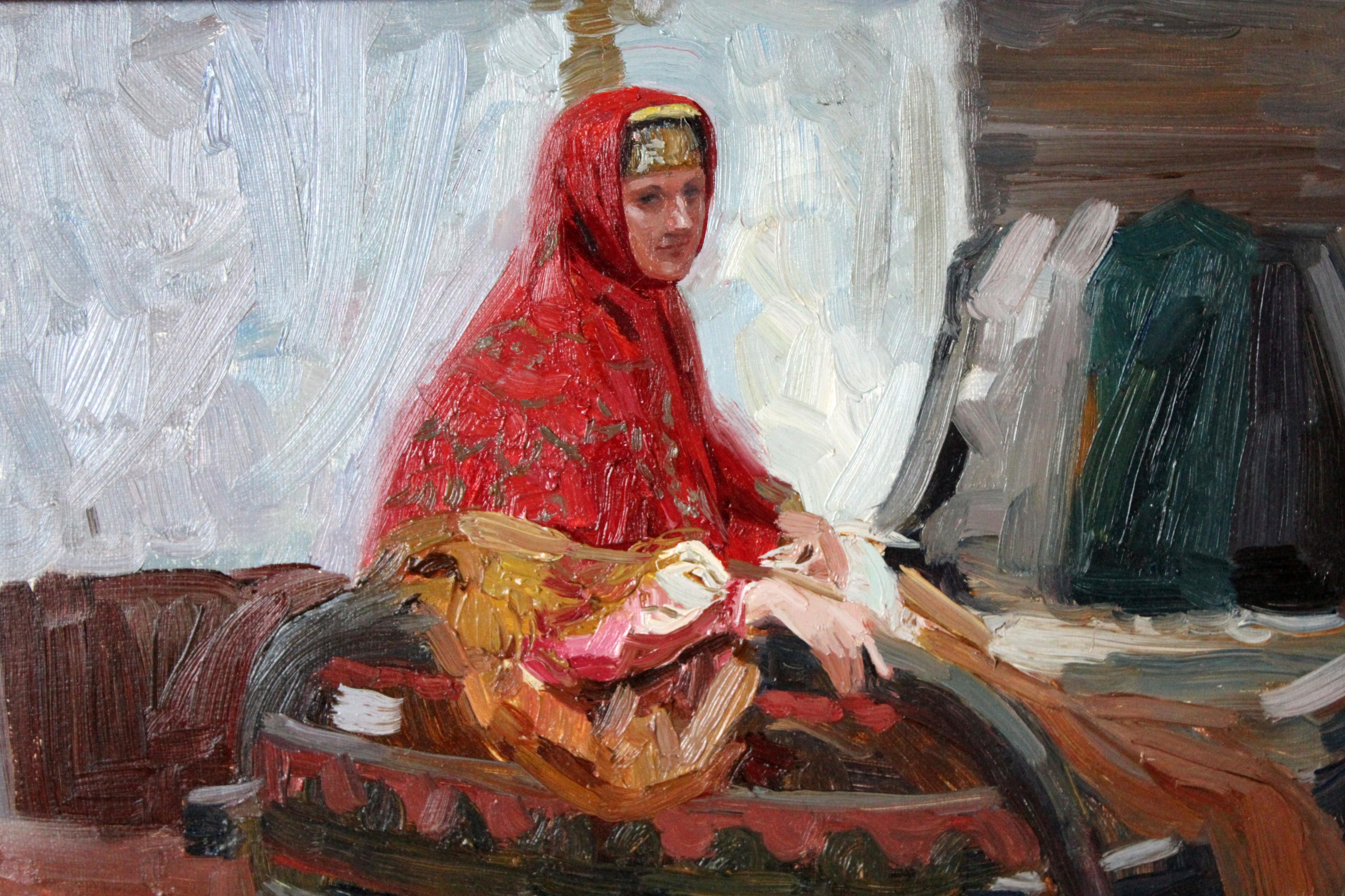 Girl in Russian costume - Painting by Simon Kozhin