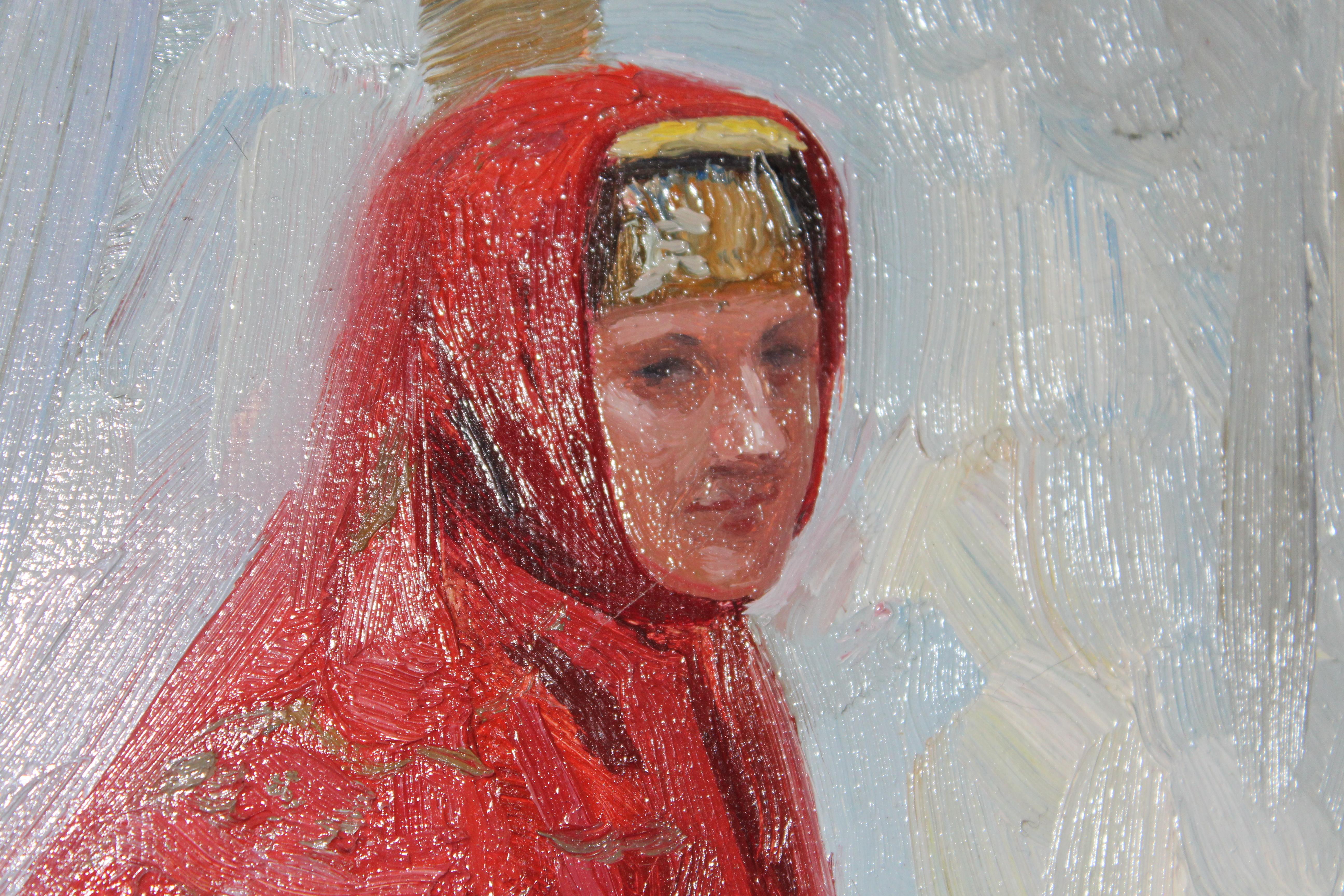Girl in Russian costume - Black Figurative Painting by Simon Kozhin