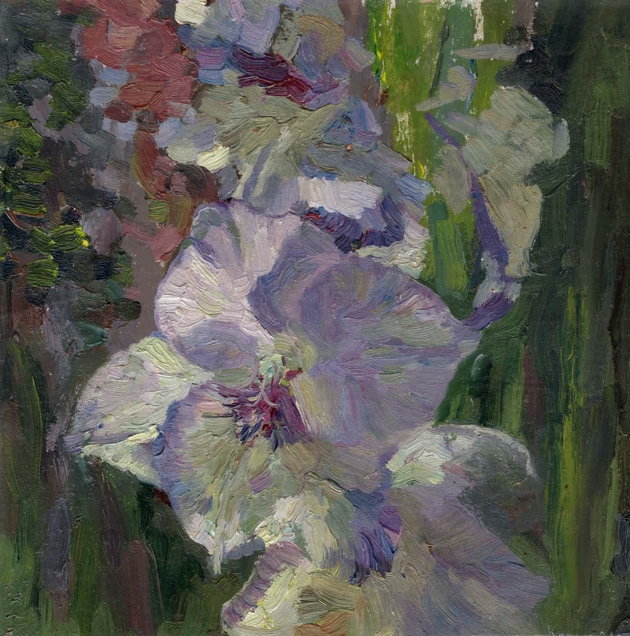 Gladiolus. Peinture à l'huile impressionniste de fleurs, encadrée. Original de Simon Kozhin