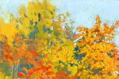 Automne doré, peinture impressionniste, 2004, Huile sur carton, 20 x 30 cm, Encadré