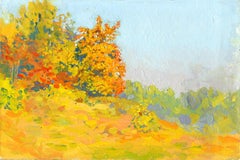 Automne doré, peinture impressionniste, 2004, Huile sur carton, 20 x 30 cm, Encadré