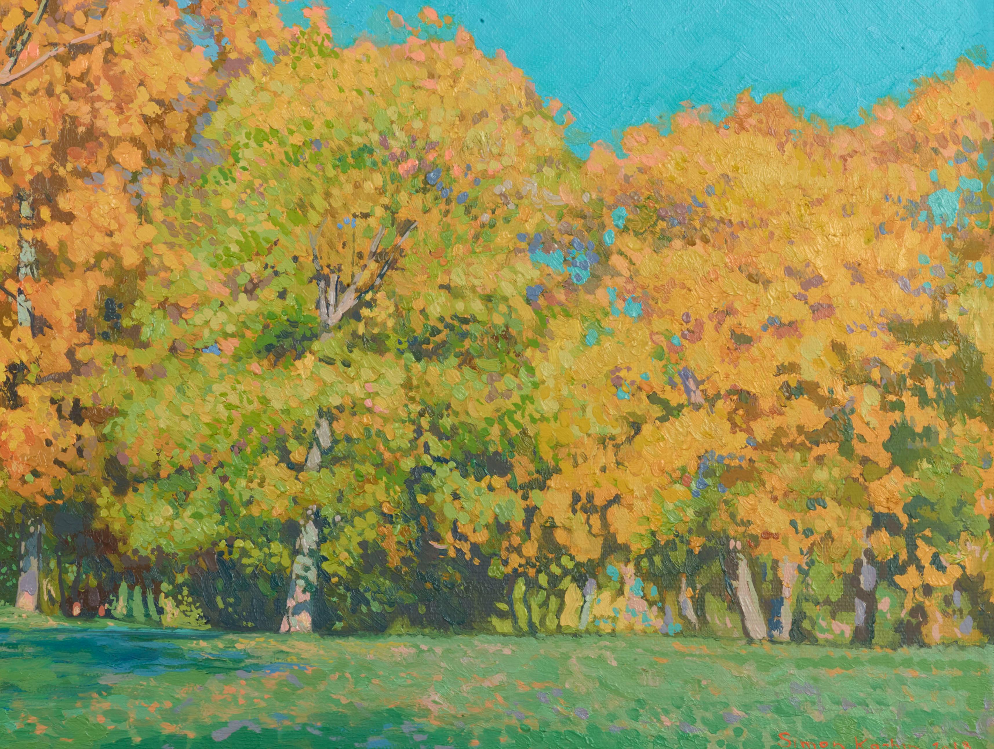 Dans ce tableau, j'ai mis toute mon âme à capturer l'esprit vibrant de l'étreinte dorée de l'automne. À l'huile, j'ai mélangé impressionnisme et réalisme pour donner vie aux arbres, célébrant la transformation ardente de la nature sur fond de ciel