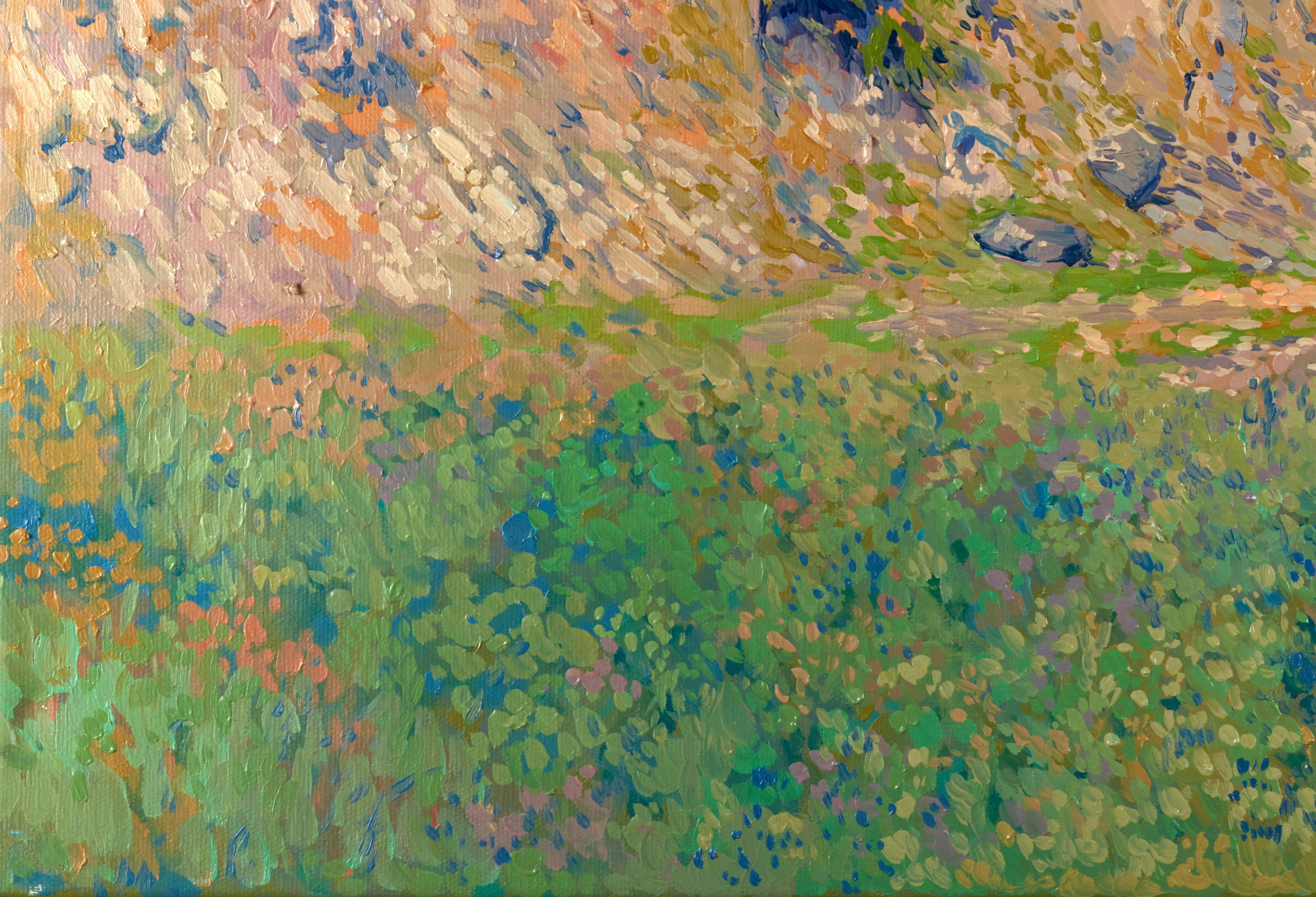 Coucher de soleil doré. La rivière Chusovaya - Gris Landscape Painting par Simon Kozhin