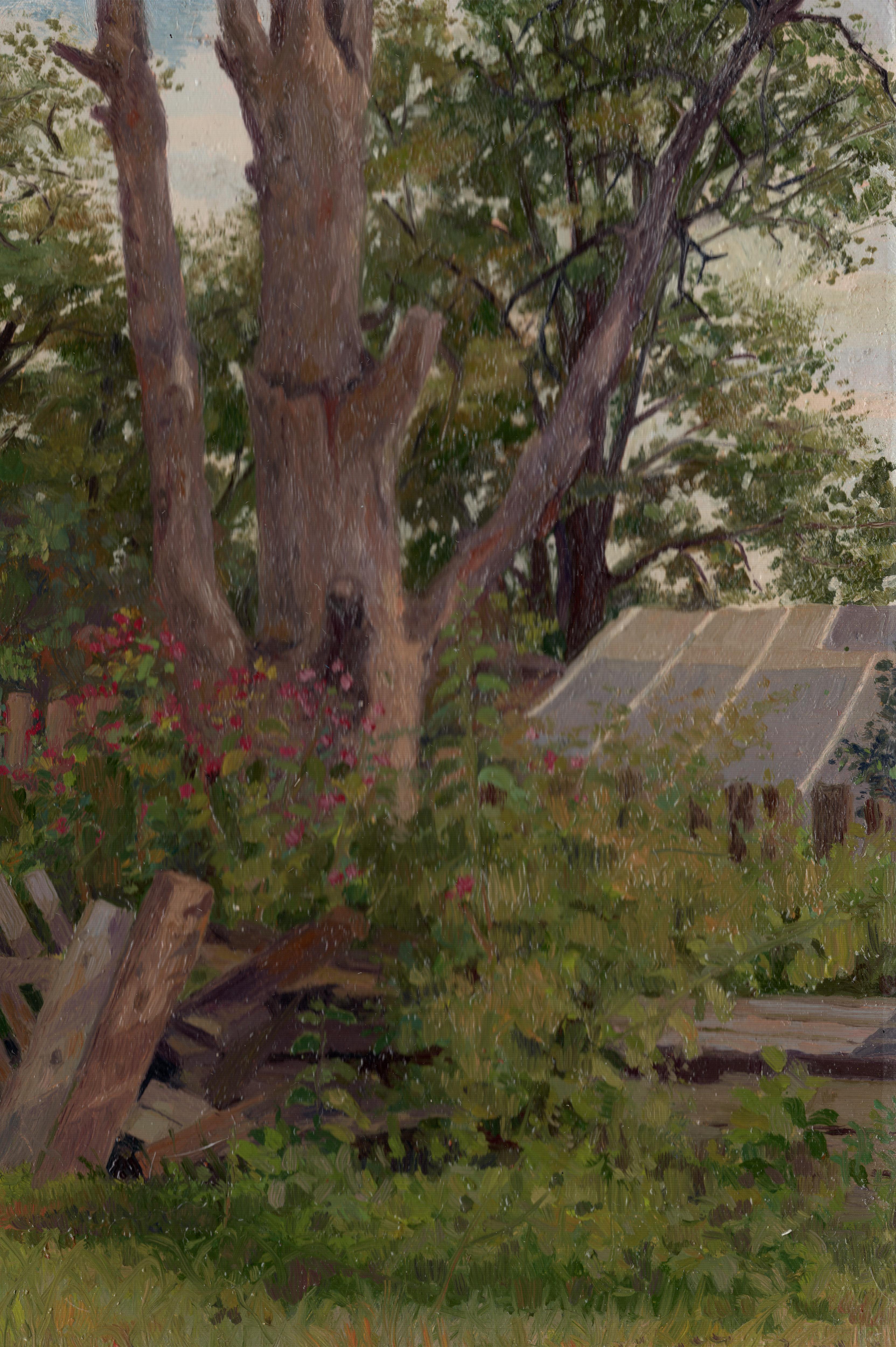 Simon Kozhin Landscape Painting - Grandma's Yard Painting, Life Study, Oil on Cardboard, 1995, Signed