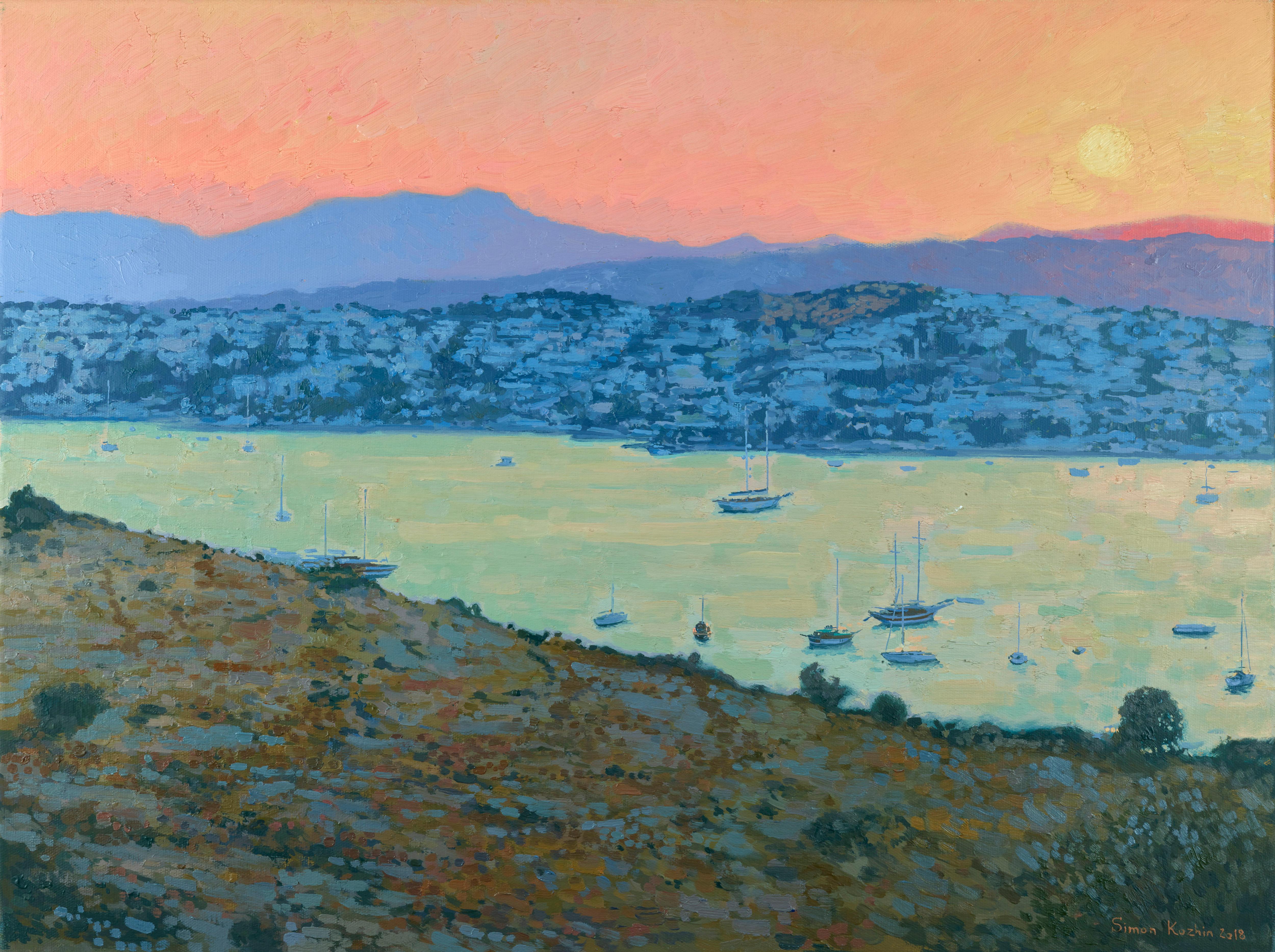 Landscape Painting de Simon Kozhin - La bahía de Gumbet al final del día