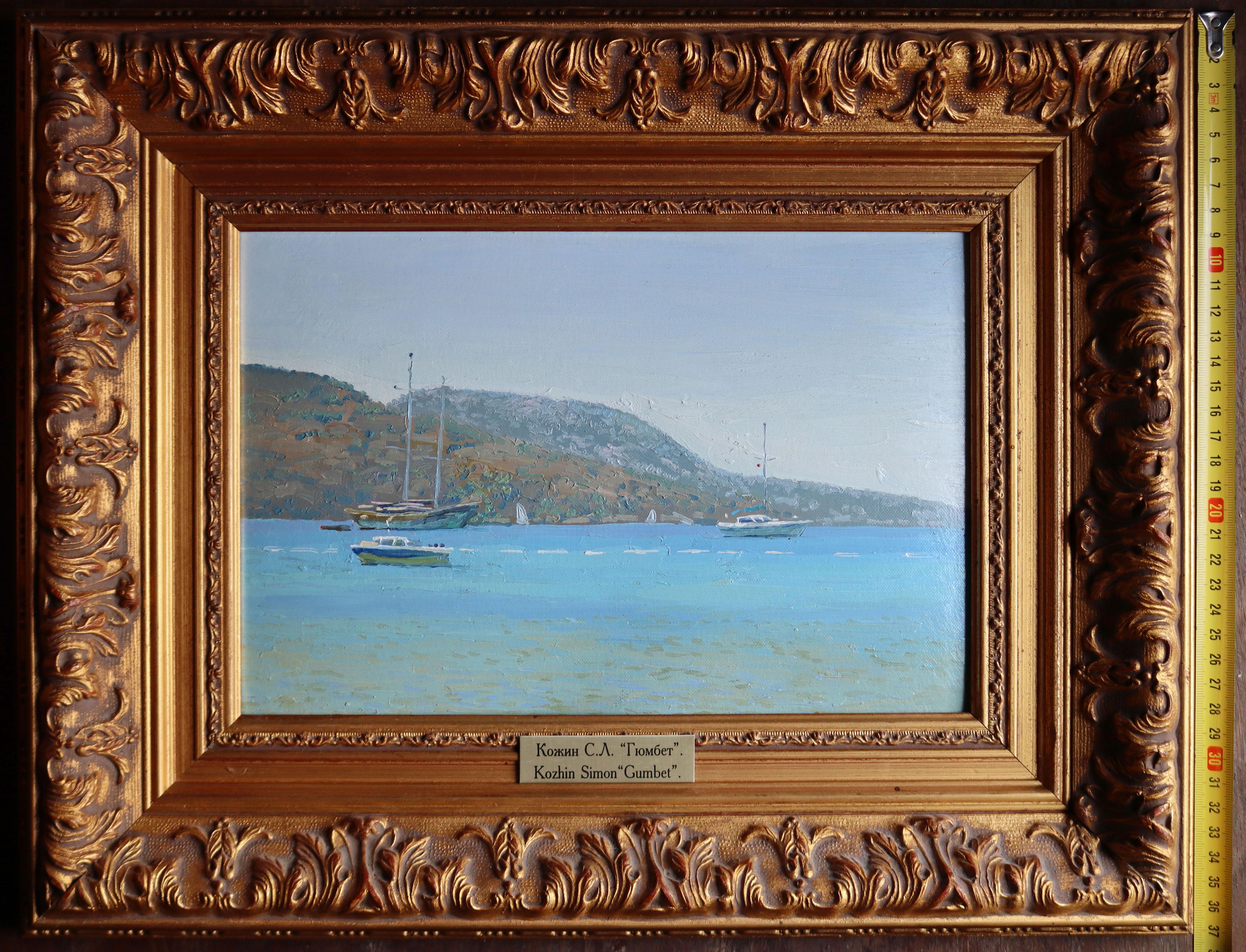 Gumbet. Harbor. Oil Impressionist Seascape Gold Framed Turkey landscape For Sale 4