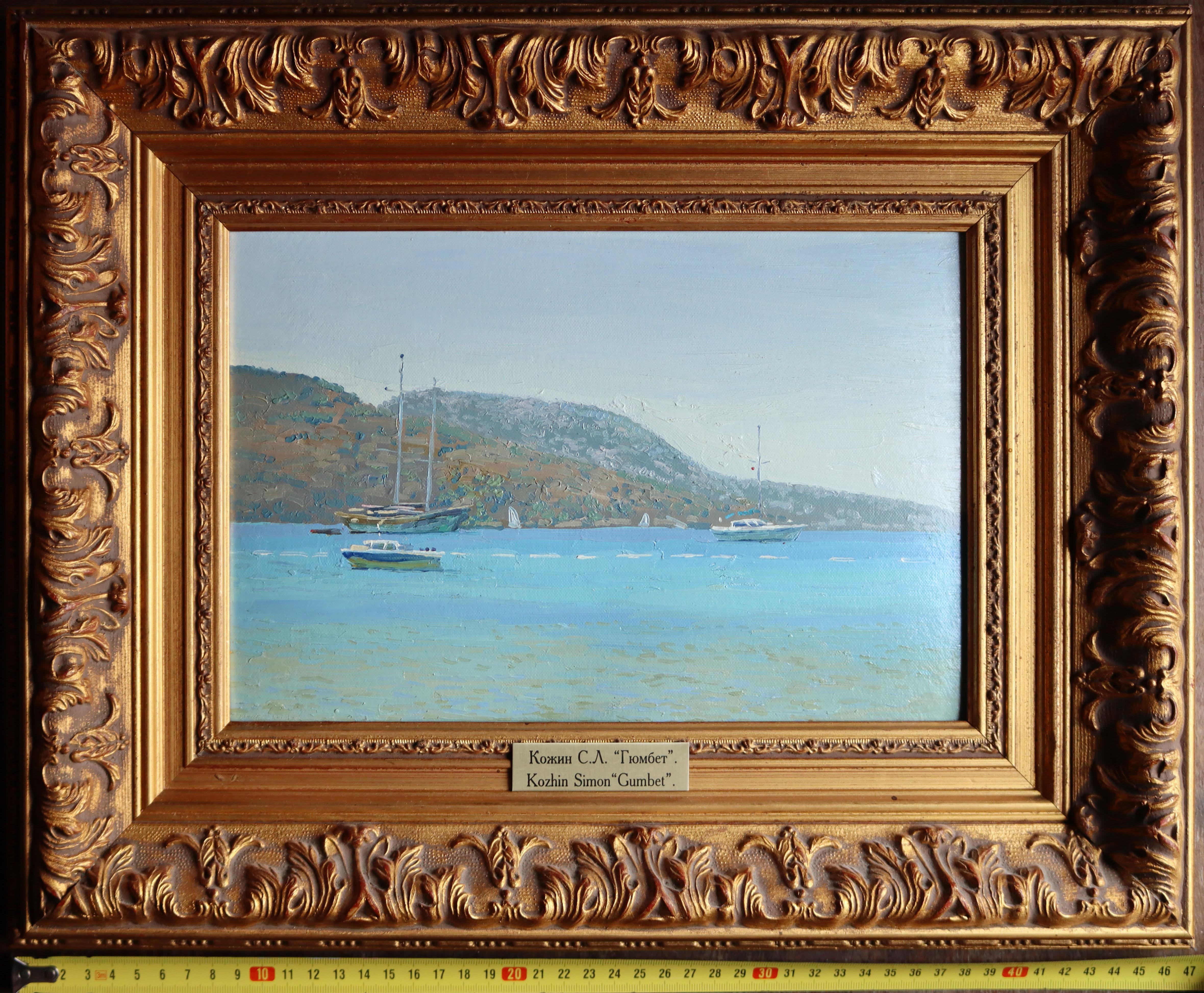 Gumbet. Harbor. Oil Impressionist Seascape Gold Framed Turkey landscape For Sale 5