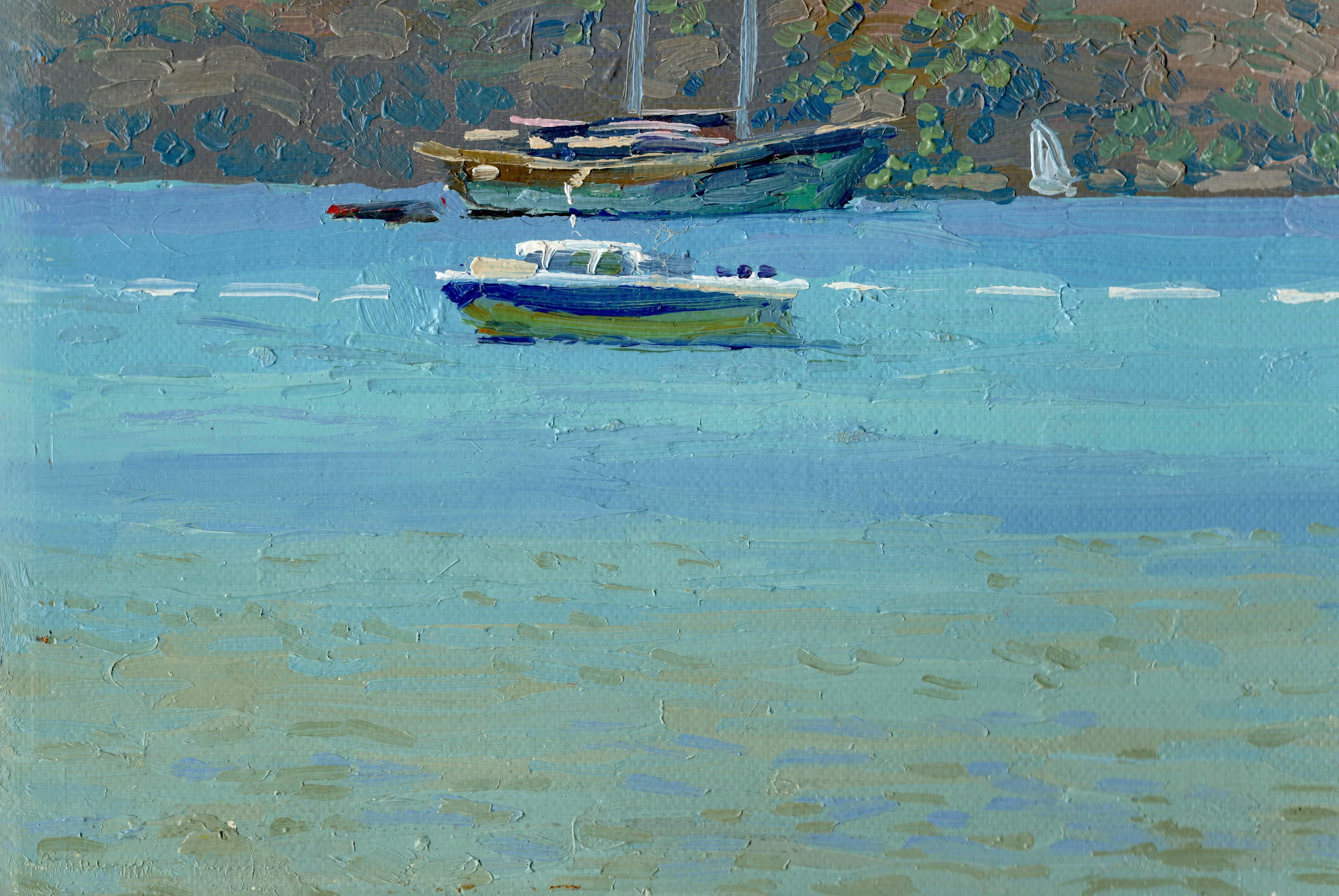 Gumbet. Harbor. Oil Impressionist Seascape Gold Framed Turkey landscape For Sale 1