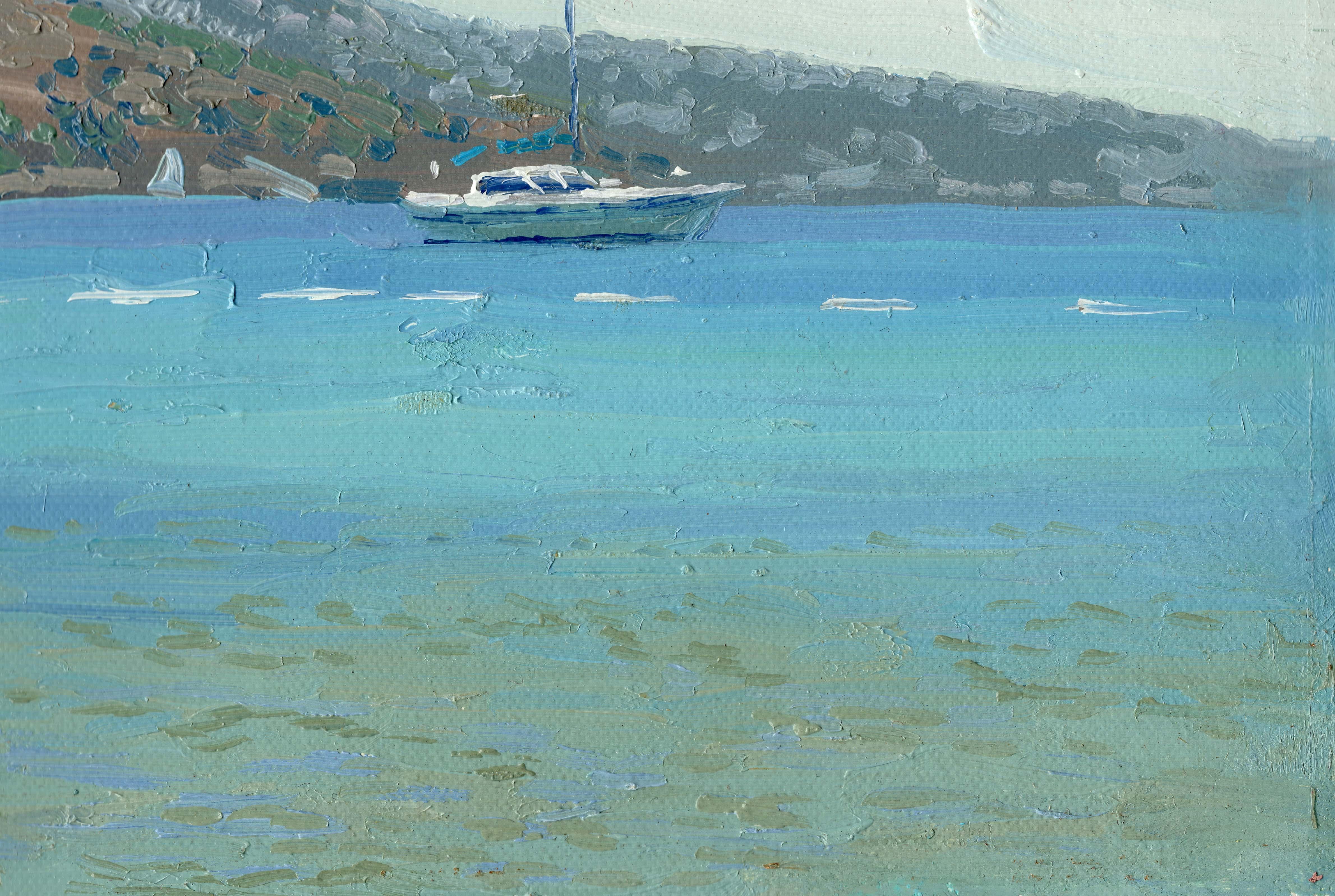 Gumbet. Harbor. Oil Impressionist Seascape Gold Framed Turkey landscape For Sale 2