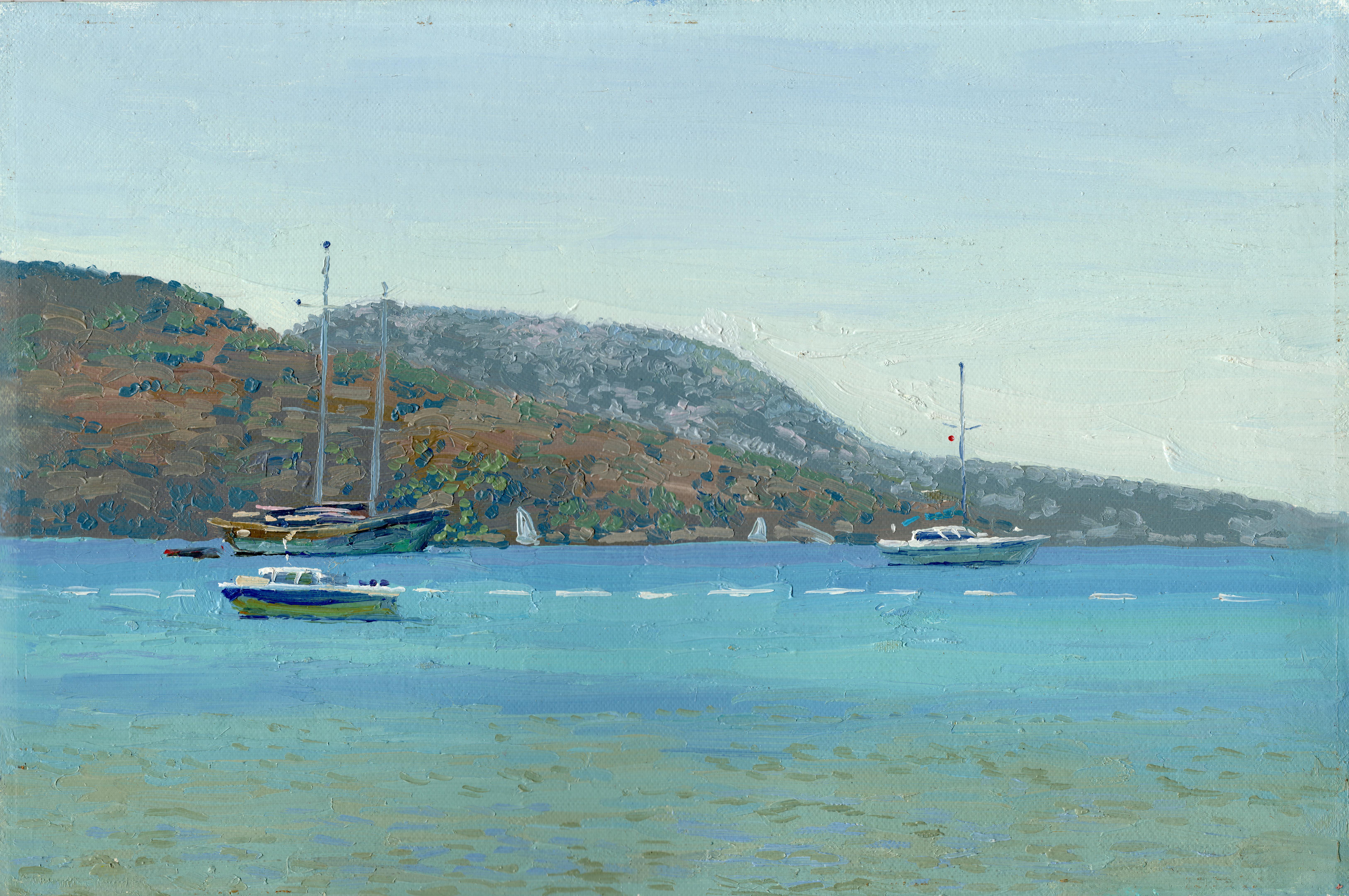 Gumbet. Harbor. Oil Impressionist Seascape Gold Framed Turkey landscape For Sale 3