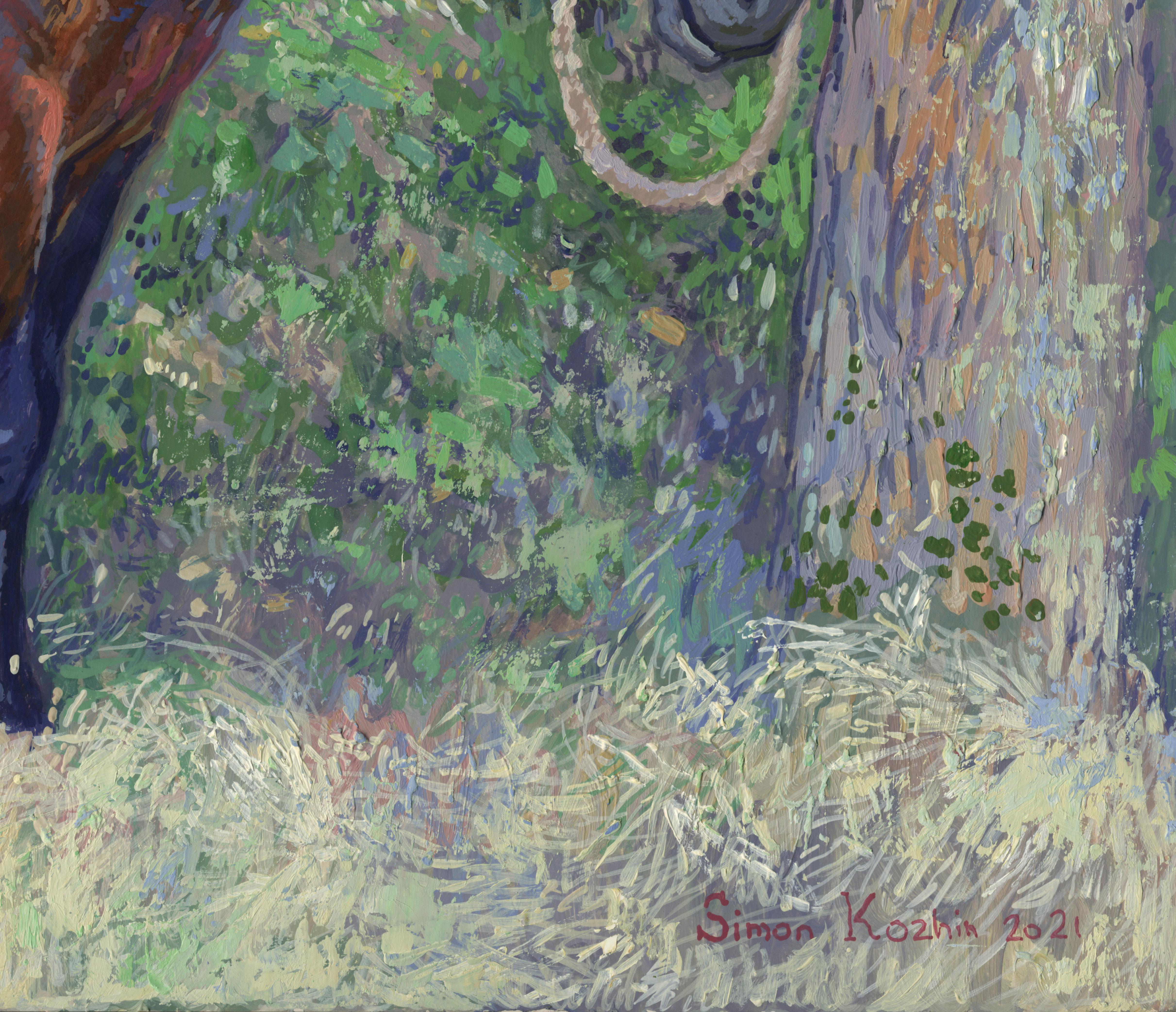 Horse in the shade of trees - Gray Animal Painting by Simon Kozhin