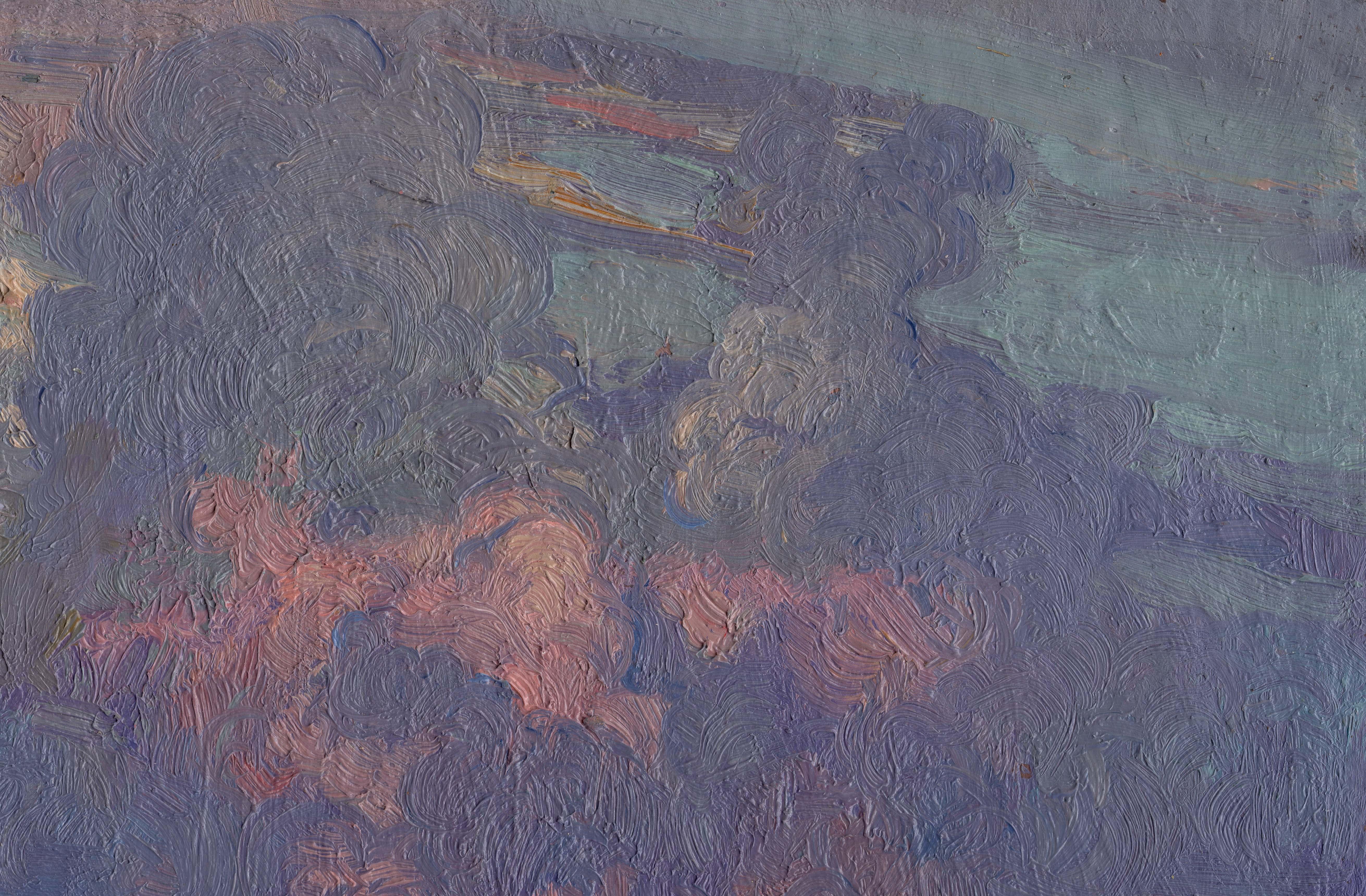 À l'heure tranquille, quand l'aube se lève sur le toit - Impressionnisme Painting par Simon Kozhin