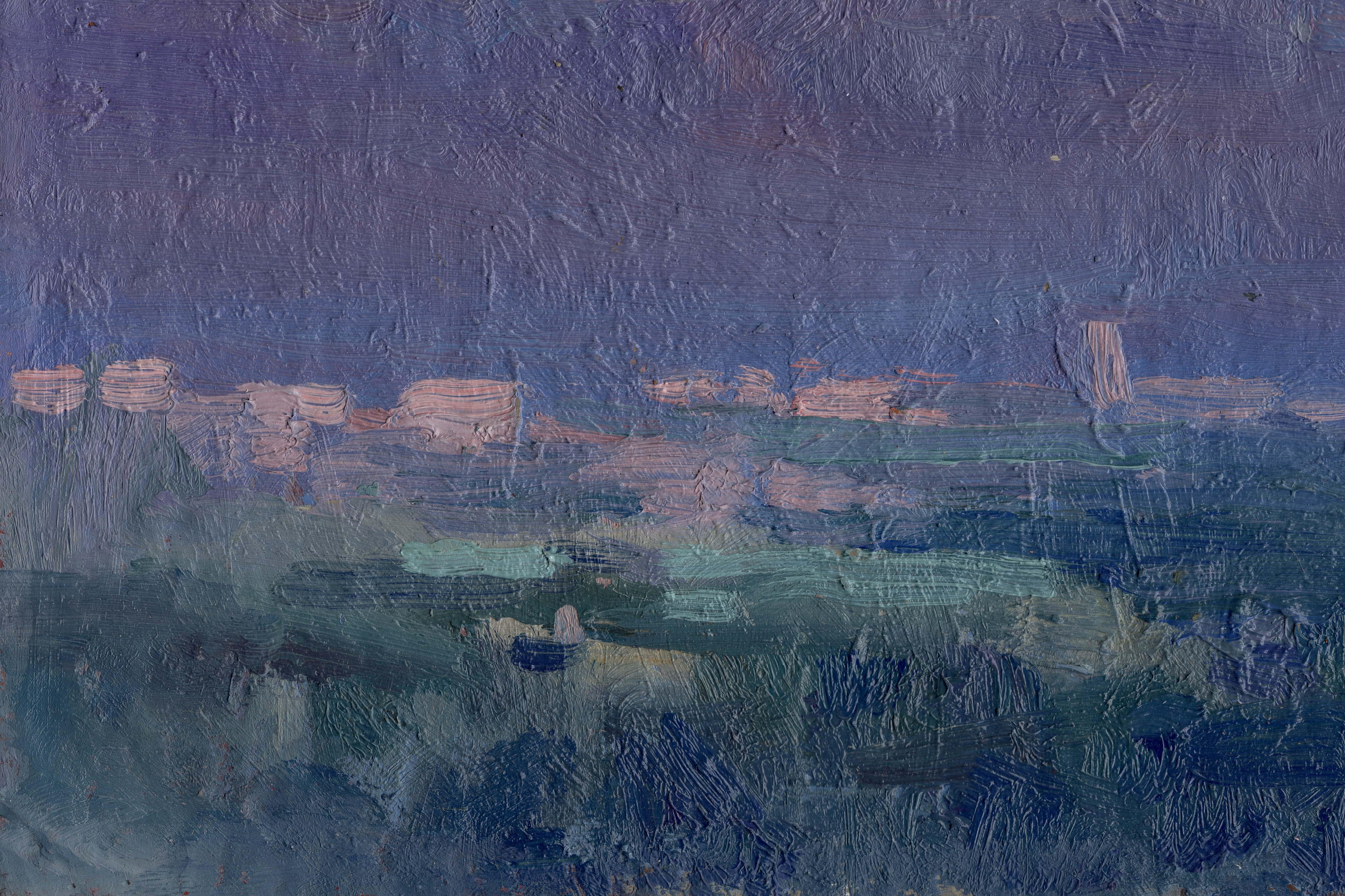 À l'heure tranquille, quand l'aube se lève sur le toit - Gris Landscape Painting par Simon Kozhin