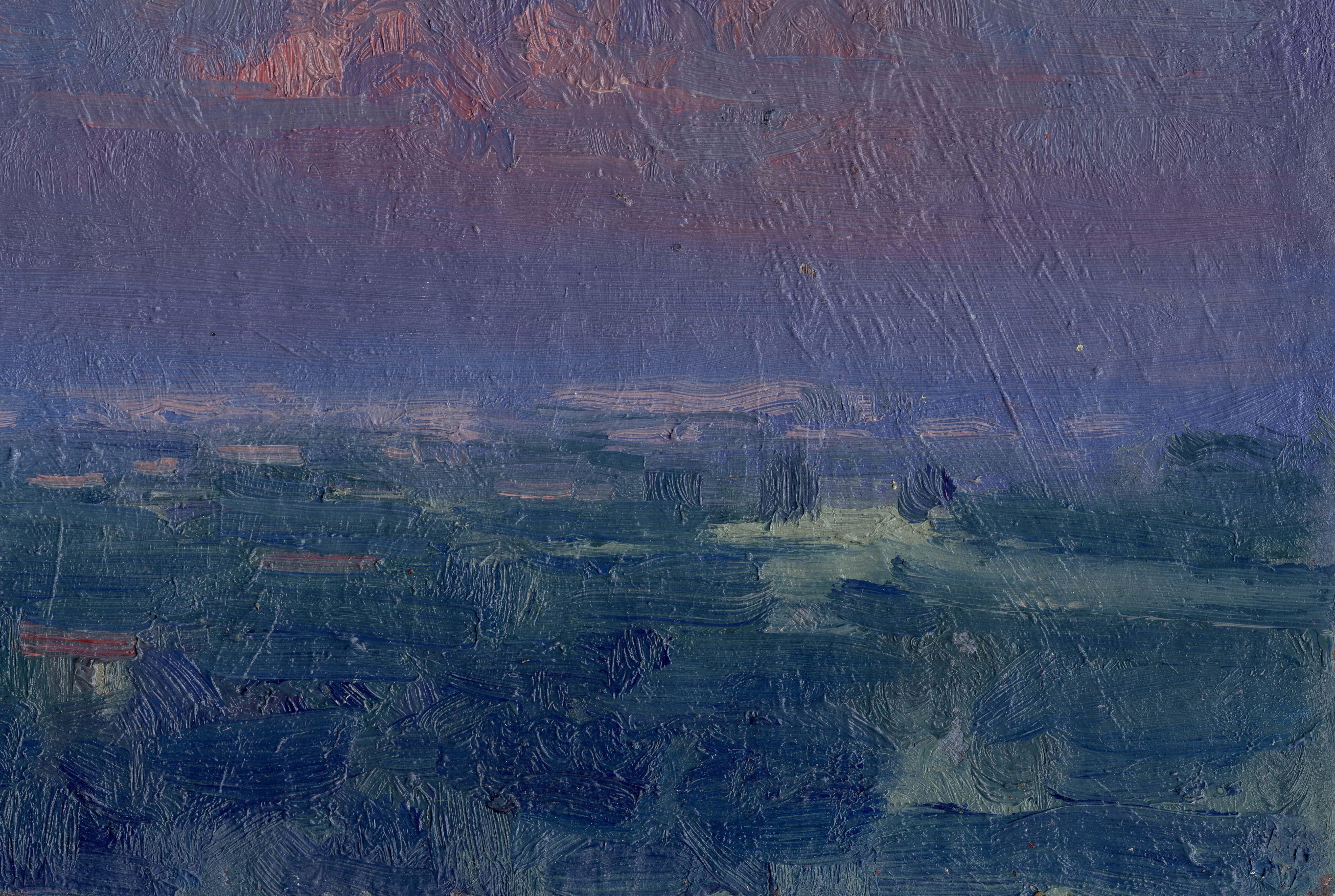 Dans cette peinture à l'huile, j'ai capturé le mélange de l'impressionnisme et du réalisme pour exprimer le moment calme et tendre où l'aube effleure le ciel. Les violets et les bleus doux évoquent le calme et l'espoir, tandis que les coups de