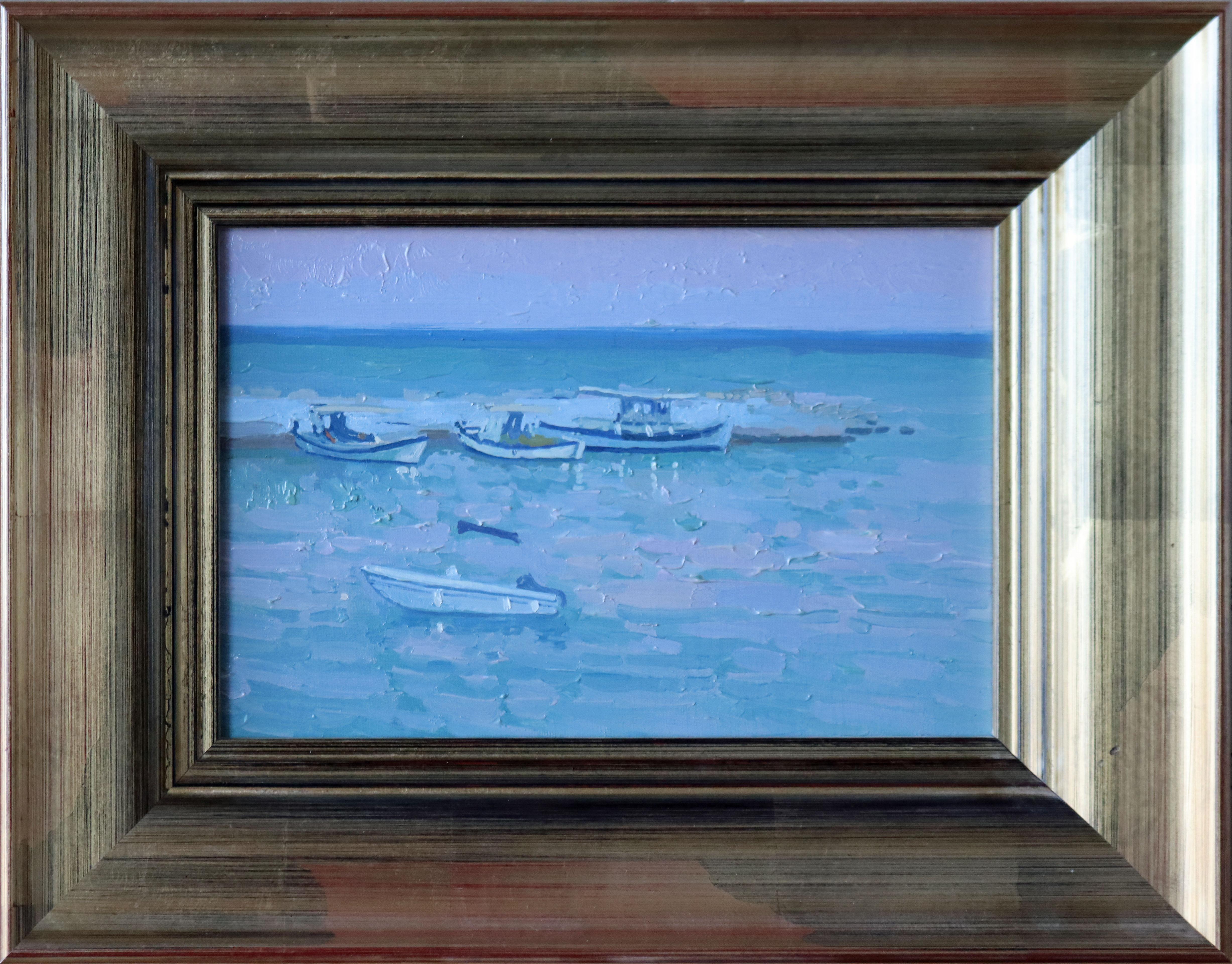 La nuit tombe sur le port de Bali - Painting de Simon Kozhin