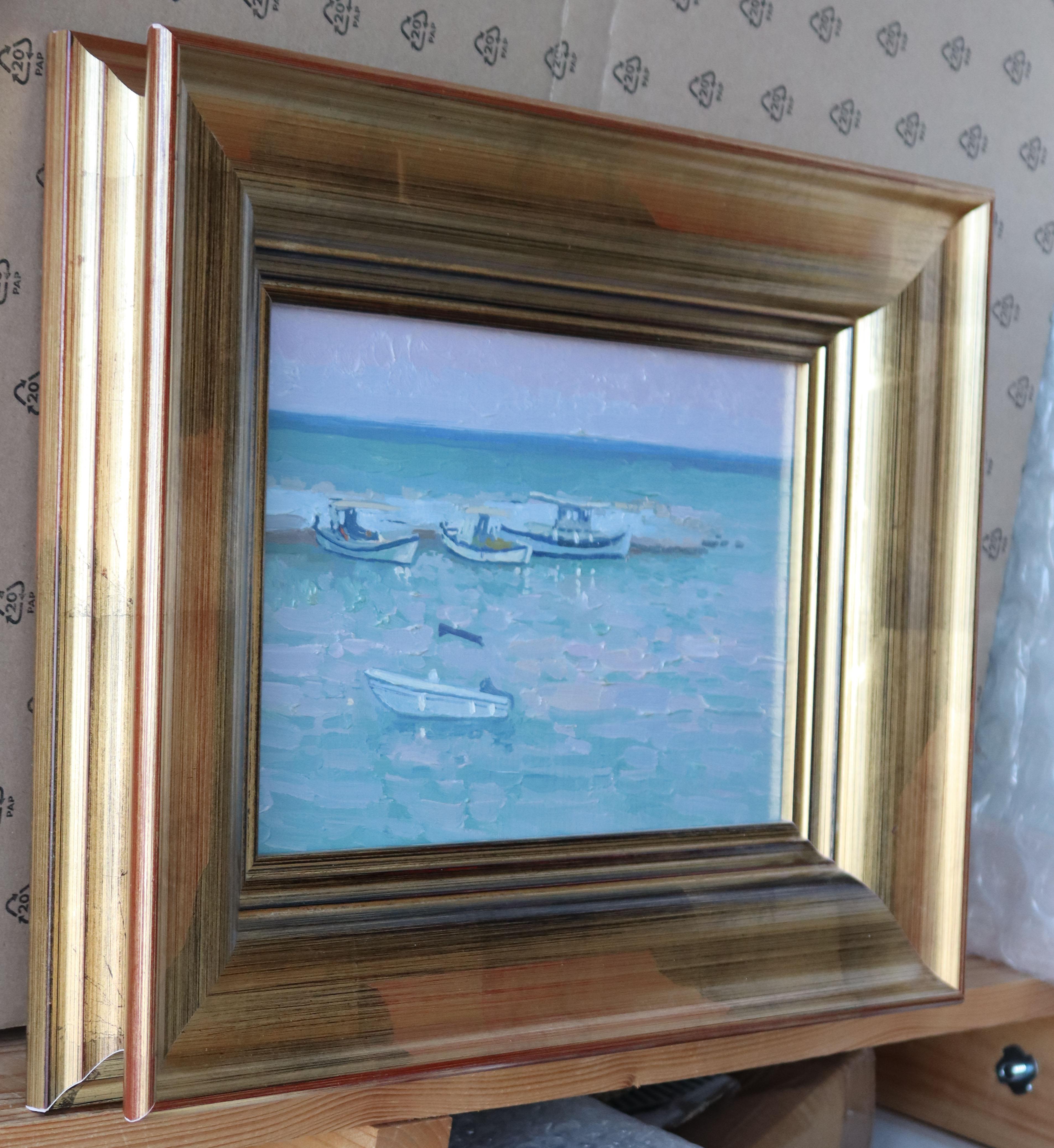 La nuit tombe sur le port de Bali - Bleu Landscape Painting par Simon Kozhin