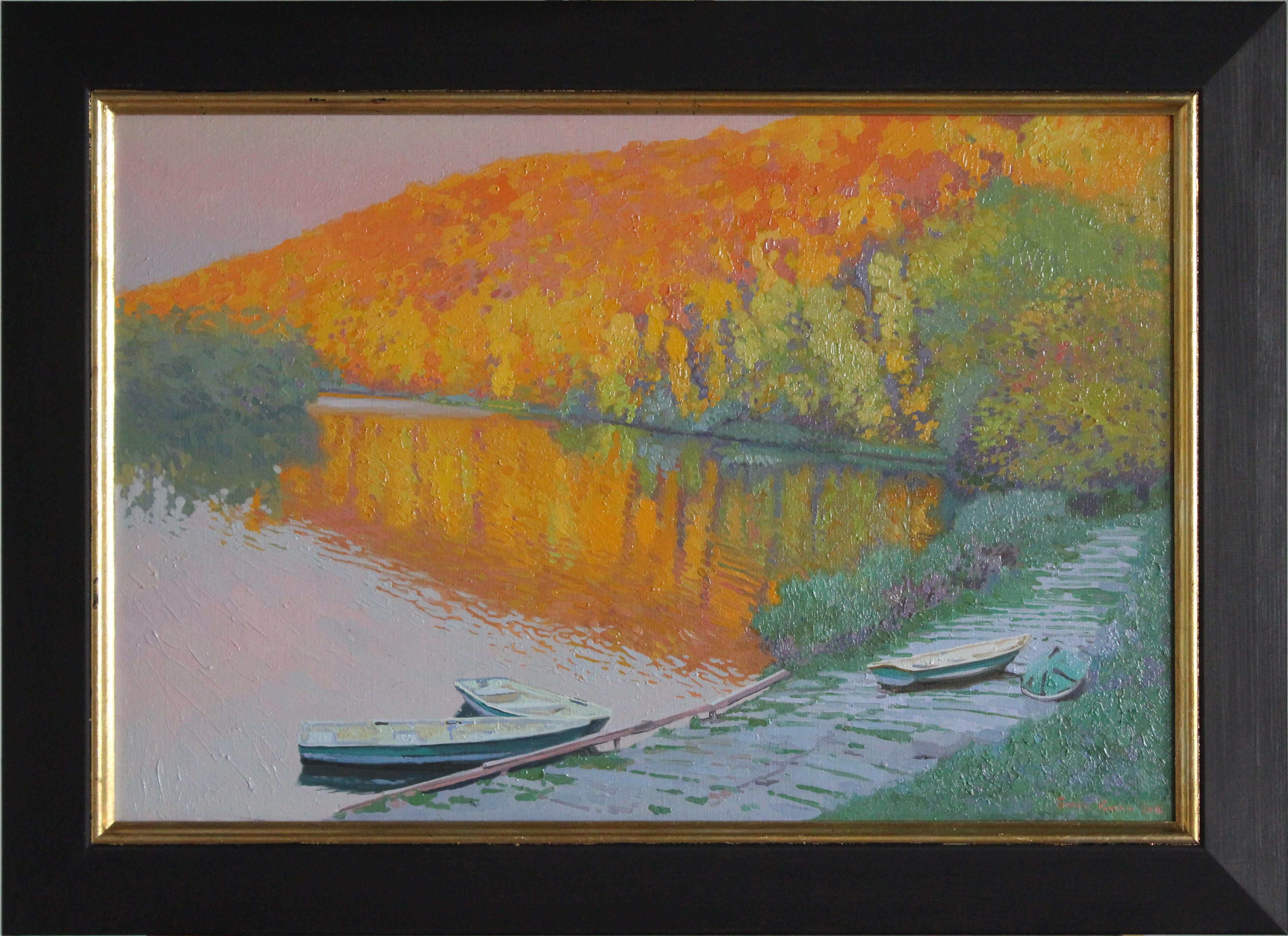 Sunset Landscape Forest and Water with Boats, Krasivaya mecha river painting 3